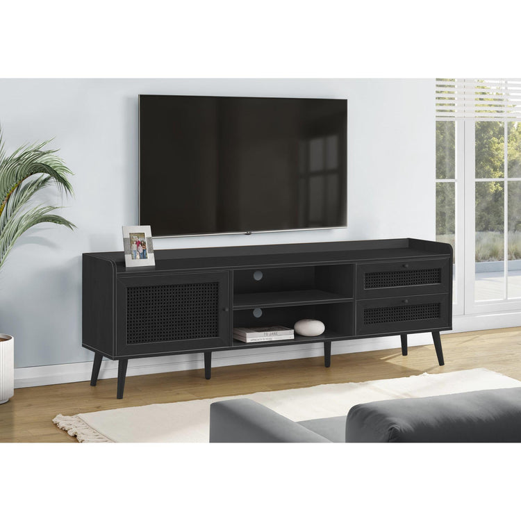 I 2724 - Meuble Tv, 72 Pouces, Console, Centre De Divertissement Média, Armoire De Rangement, Salon, Chambre À Coucher, Stratifié Noir, Pieds En Bois, Transitionnel - Simple Boutique