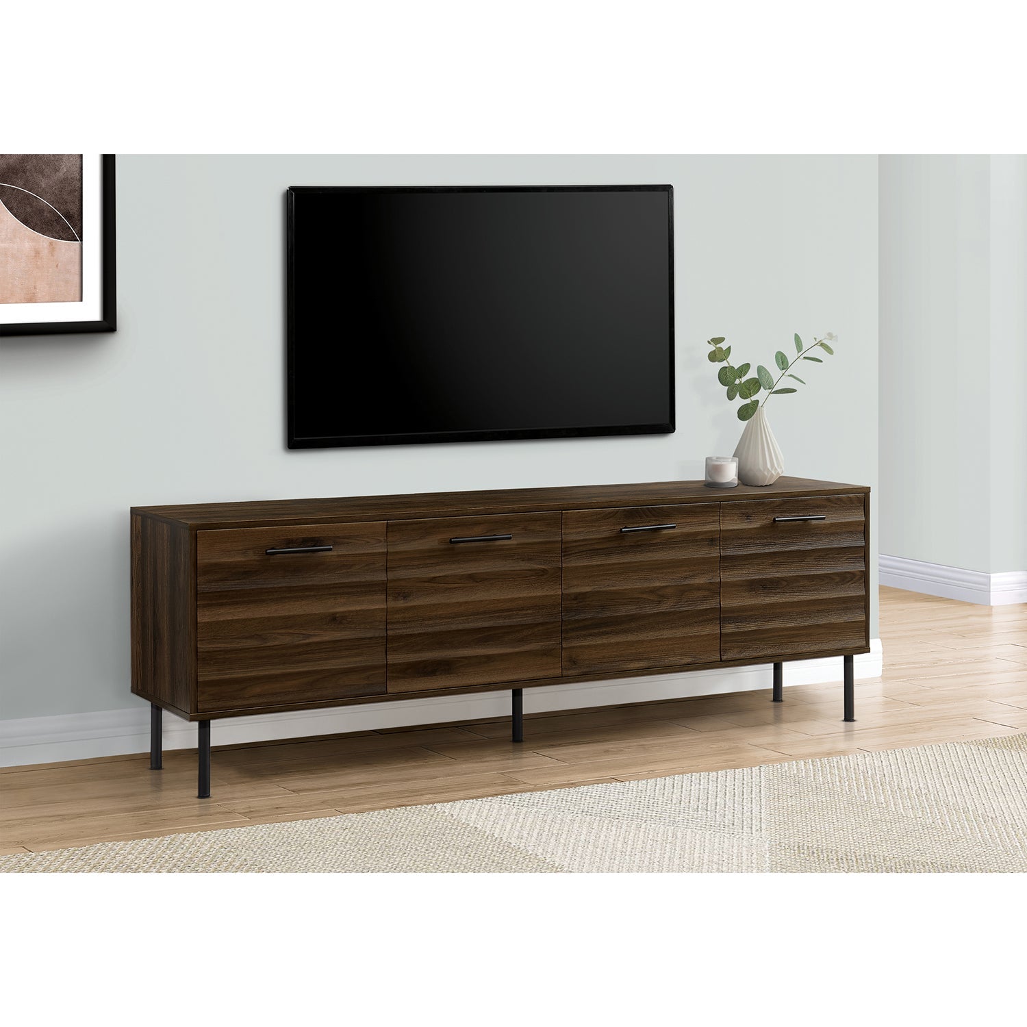 I 2727 - Meuble Tv, 72 Pouces, Console, Centre De Divertissement Média, Armoire De Rangement, Stratifié Brun, Métal Noir, Transitionnel - Simple Boutique