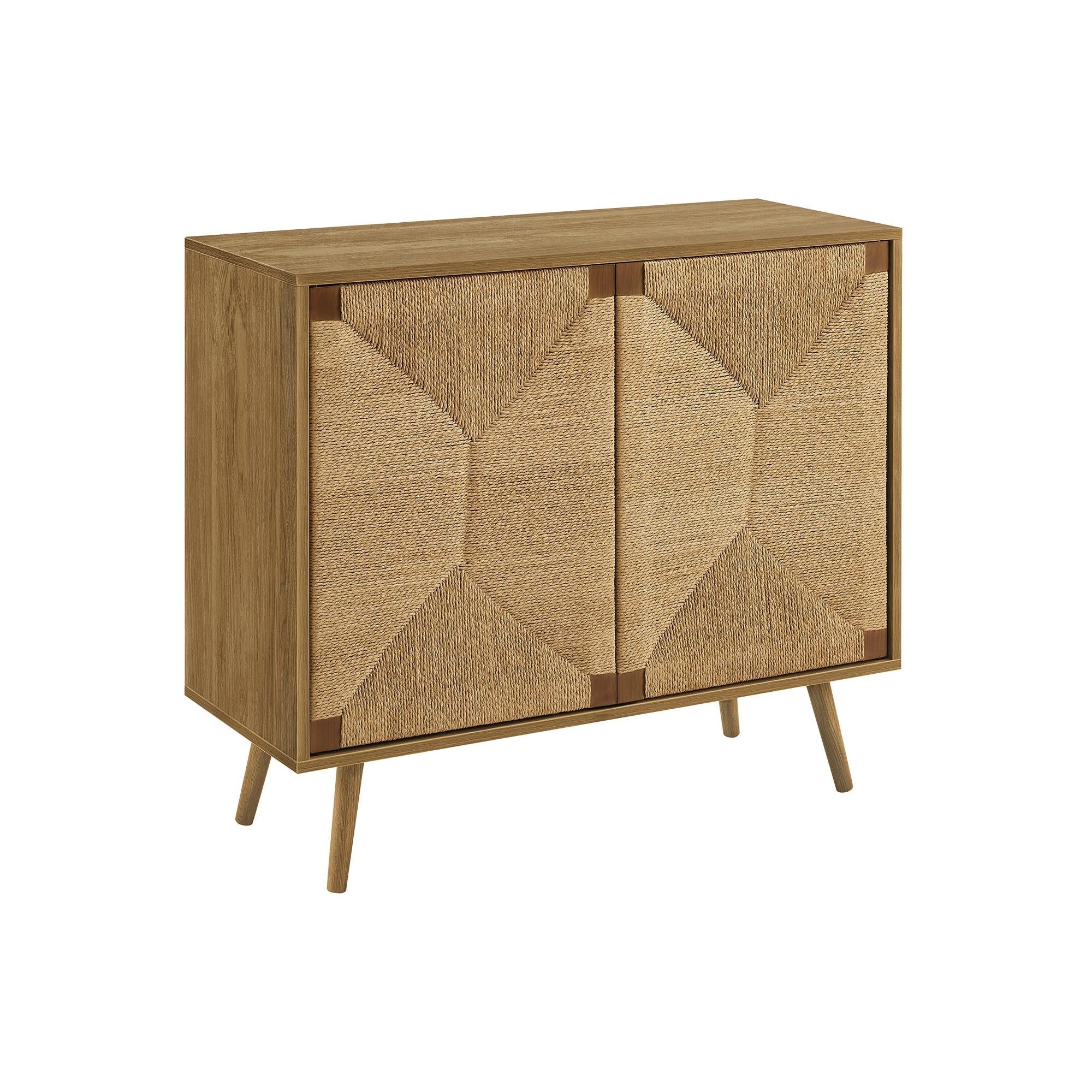 I 2729 - Commode, 36'' De Large, Armoire À 2 Portes, Rangement, Décoratif, Stratifié Noyer Clair, Aspect Jonc De Mer, Mid Century - Simple Boutique