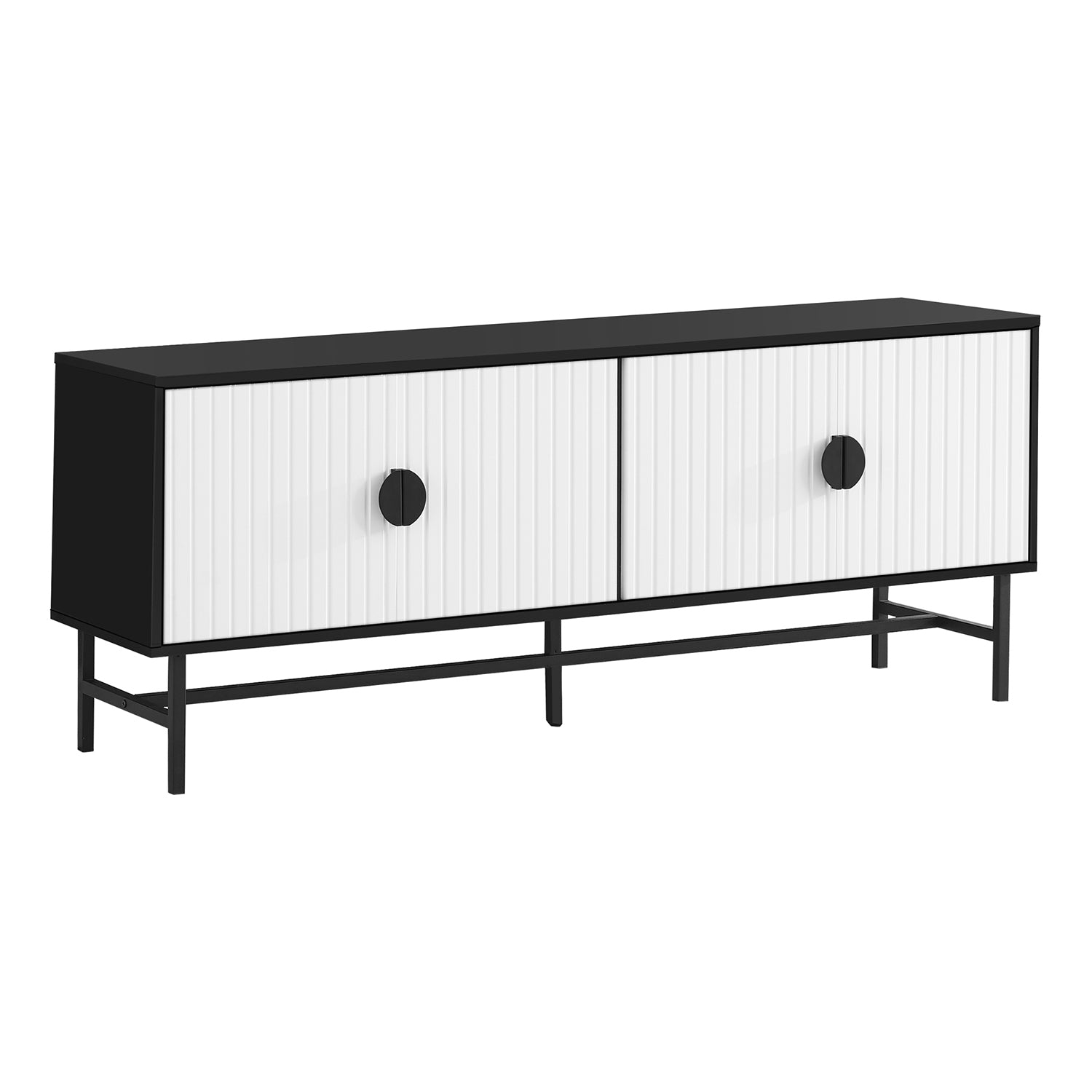 I 2732 - Meuble Tv, 60 Pouces, Console, Centre De Divertissement Média, Unite De Rangement, Salon, Chambre À Coucher, Laminé Noir Et Blanc, Métal Noir, Contemporain, Moderne - Simple Boutique