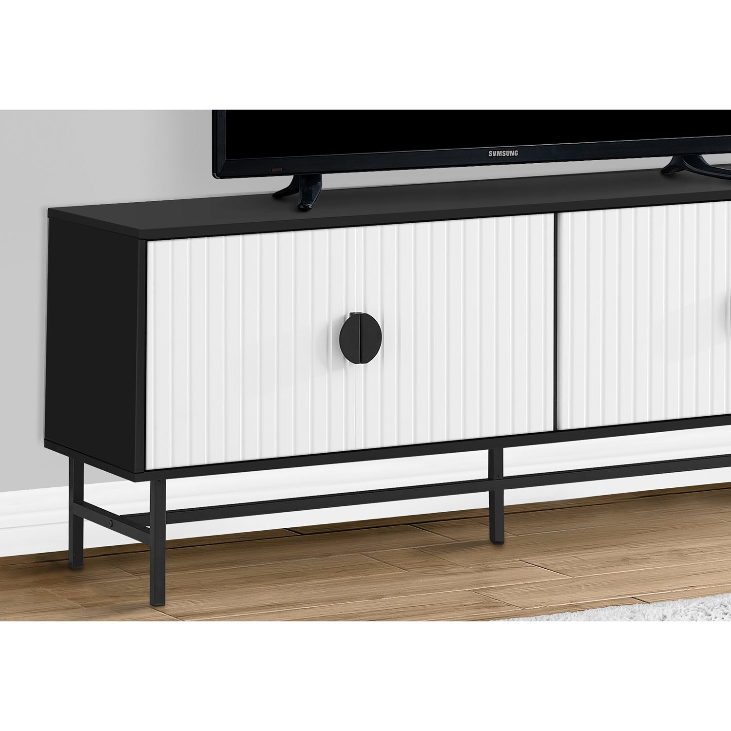 I 2732 - Meuble Tv, 60 Pouces, Console, Centre De Divertissement Média, Unite De Rangement, Salon, Chambre À Coucher, Laminé Noir Et Blanc, Métal Noir, Contemporain, Moderne - Simple Boutique