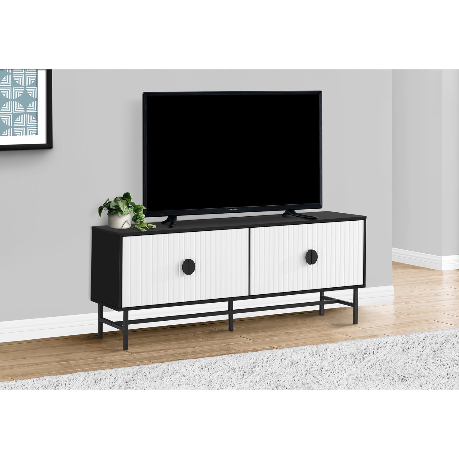 I 2732 - Meuble Tv, 60 Pouces, Console, Centre De Divertissement Média, Unite De Rangement, Salon, Chambre À Coucher, Laminé Noir Et Blanc, Métal Noir, Contemporain, Moderne - Simple Boutique