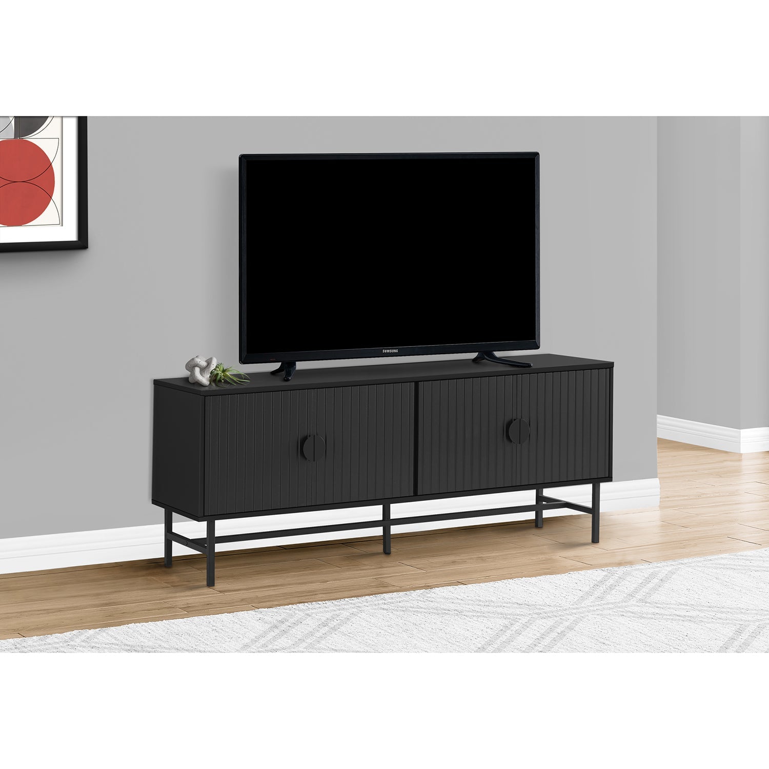 I 2733 - Meuble Tv, 60 Pouces, Console, Centre De Divertissement Média, Unite De Rangement, Salon, Chambre À Coucher, Laminé Noir, Métal Noir, Contemporain, Moderne - Simple Boutique
