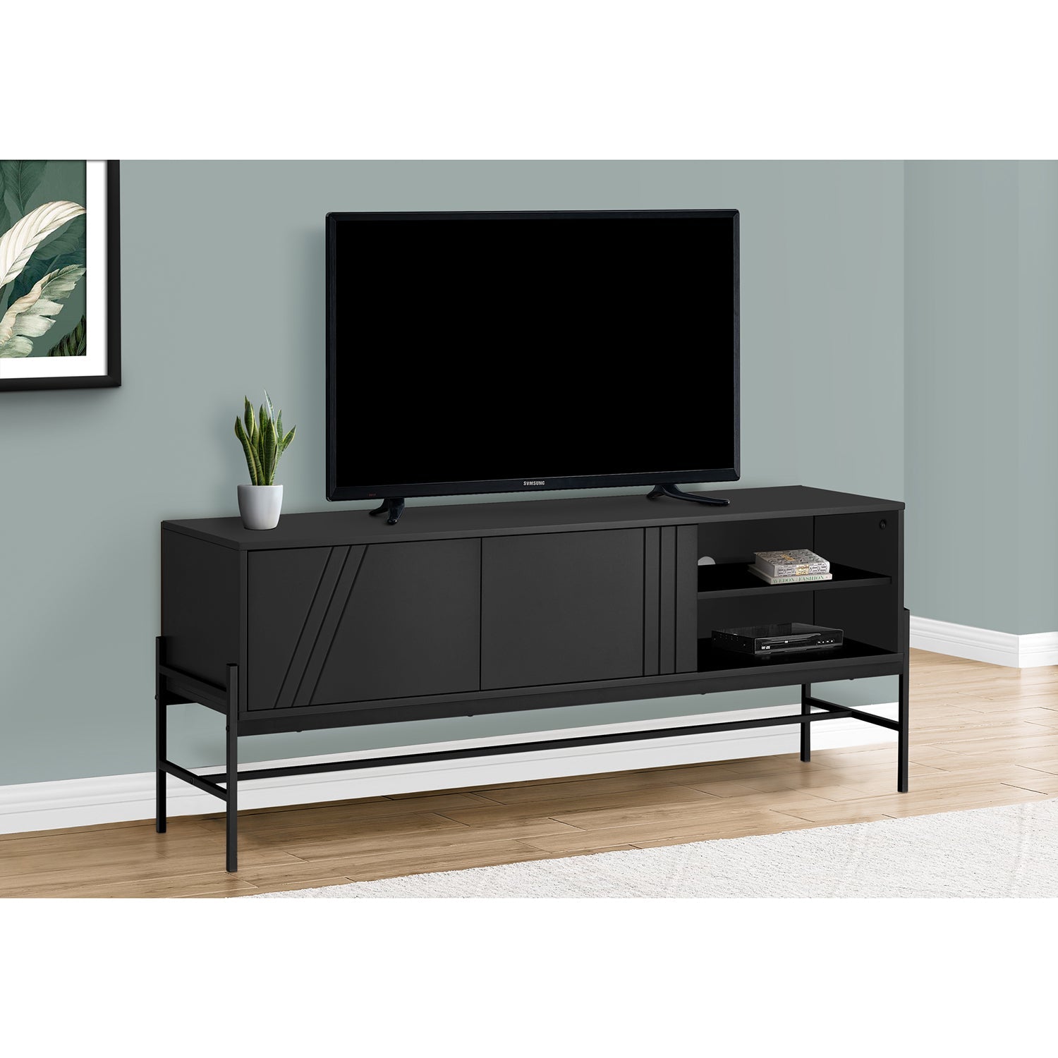 I 2734 - Meuble Tv, 60 Pouces, Console, Centre De Divertissement Média, Unite De Rangement, Salon, Chambre À Coucher, Laminé Noir, Métal Noir, Contemporain, Moderne - Simple Boutique