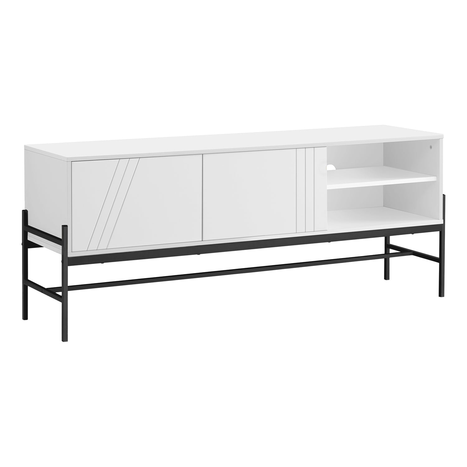 I 2738 - Meuble Tv, 60 Pouces, Console, Centre De Divertissement Média, Unite De Rangement, Salon, Chambre À Coucher, Laminé Blanc, Métal Noir, Contemporain, Moderne - Simple Boutique