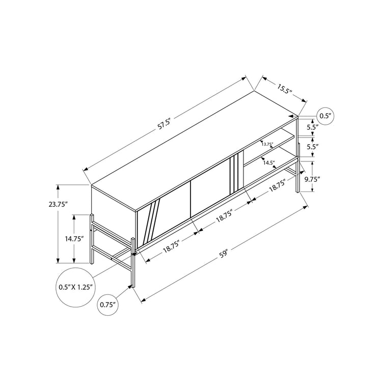 I 2738 - Meuble Tv, 60 Pouces, Console, Centre De Divertissement Média, Unite De Rangement, Salon, Chambre À Coucher, Laminé Blanc, Métal Noir, Contemporain, Moderne - Simple Boutique