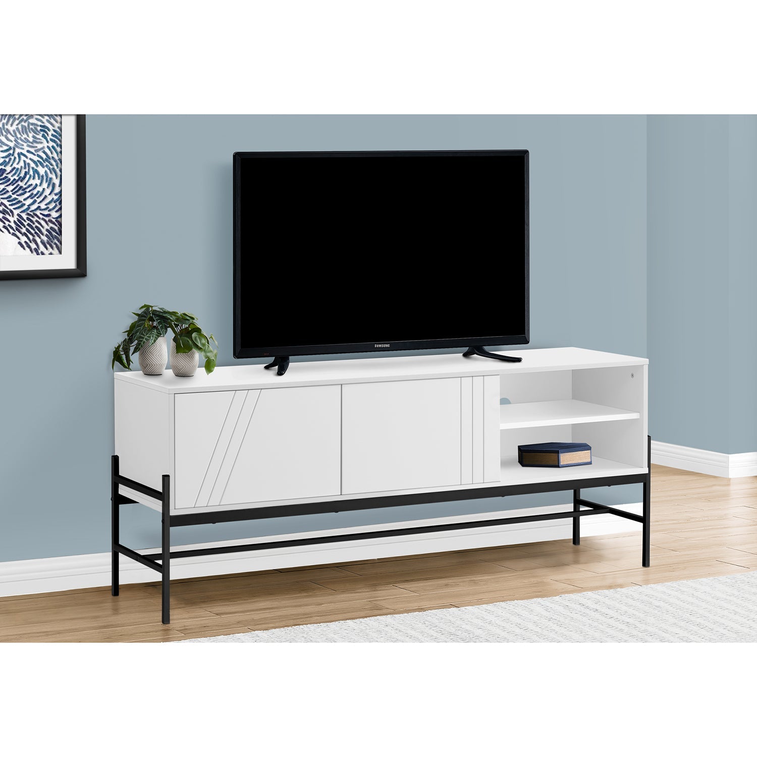 I 2738 - Meuble Tv, 60 Pouces, Console, Centre De Divertissement Média, Unite De Rangement, Salon, Chambre À Coucher, Laminé Blanc, Métal Noir, Contemporain, Moderne - Simple Boutique