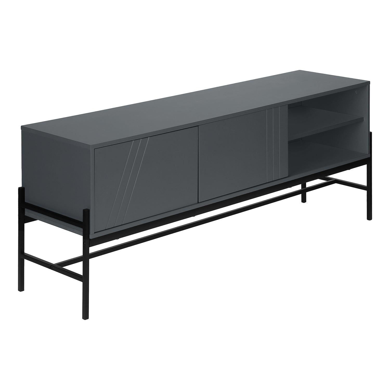 I 2739 - Meuble Tv, 60 Pouces, Console, Centre De Divertissement Média, Unite De Rangement, Salon, Chambre À Coucher, Stratifié Gris, Métal Noir, Contemporain, Moderne - Simple Boutique