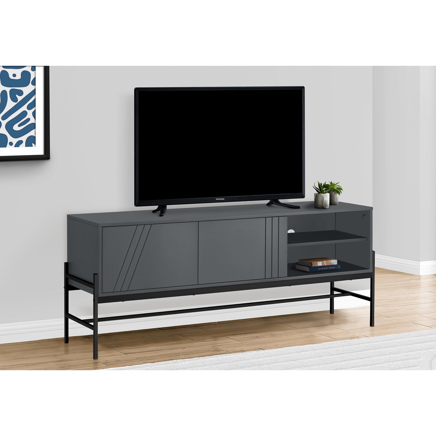 I 2739 - Meuble Tv, 60 Pouces, Console, Centre De Divertissement Média, Unite De Rangement, Salon, Chambre À Coucher, Stratifié Gris, Métal Noir, Contemporain, Moderne - Simple Boutique