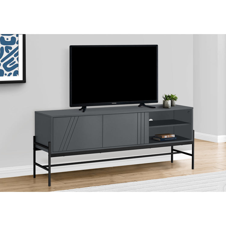 I 2739 - Meuble Tv, 60 Pouces, Console, Centre De Divertissement Média, Unite De Rangement, Salon, Chambre À Coucher, Stratifié Gris, Métal Noir, Contemporain, Moderne - Simple Boutique