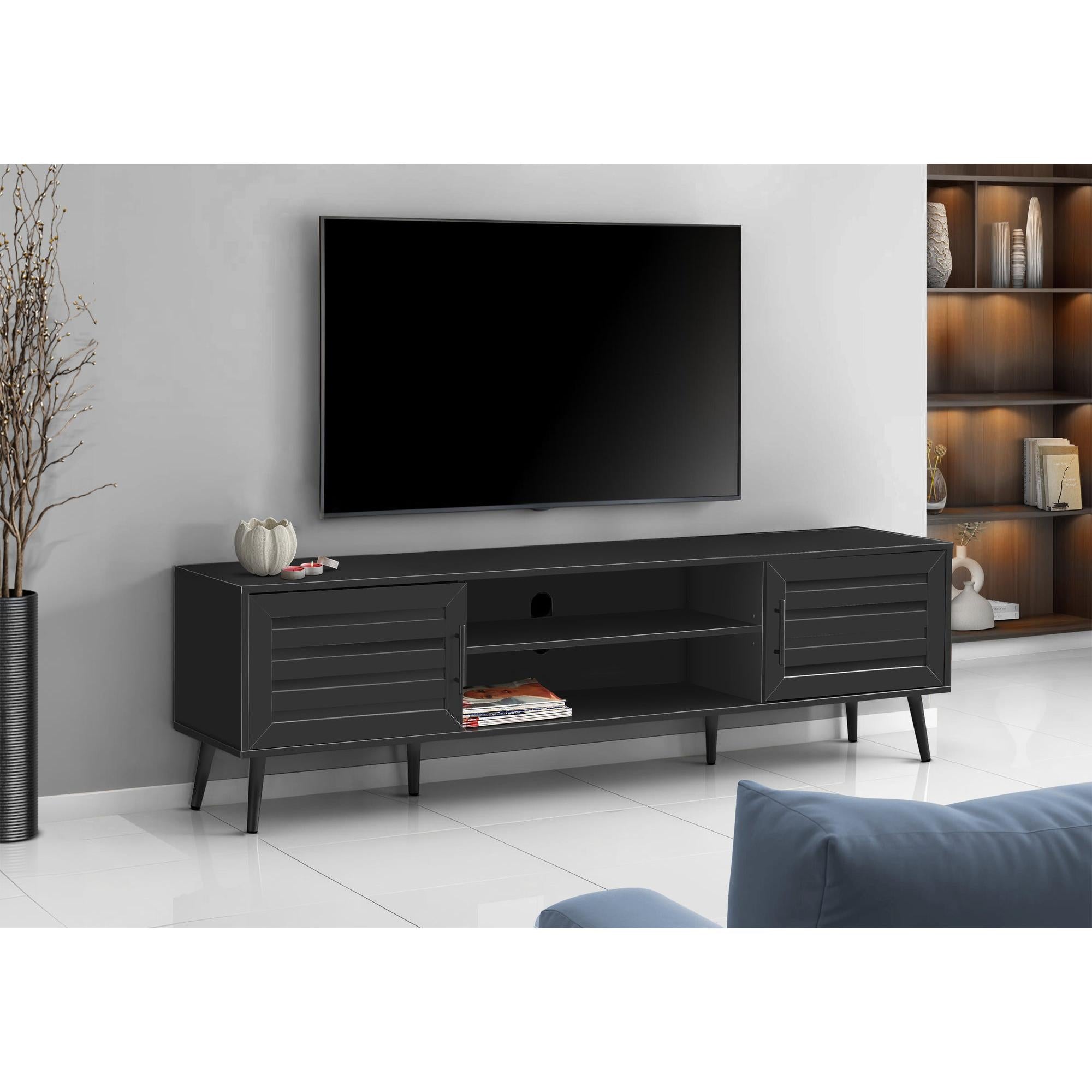 I 2749 - Meuble Tv, 72 Pouces, Console, Centre De Divertissement Média, Armoire De Rangement, Salon, Chambre À Coucher, Stratifié Noir, Transitionnel - Simple Boutique