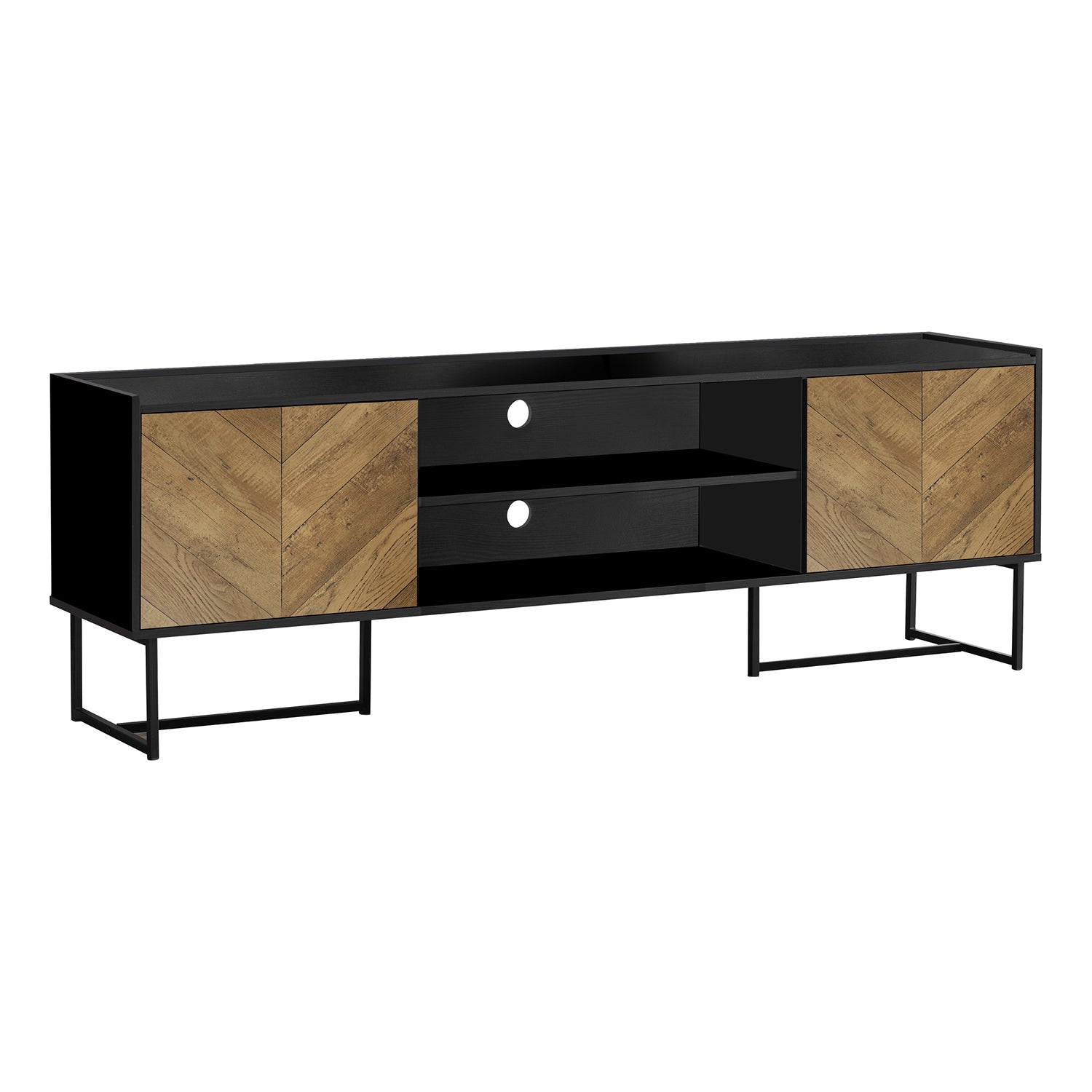 I 2752 - Meuble Tv, 72 Pouces, Console, Centre De Divertissement Média, Unite De Rangement, Salon, Chambre À Coucher, Brun Et Noir Laminé, Métal Noir, Contemporain, Moderne - Simple Boutique