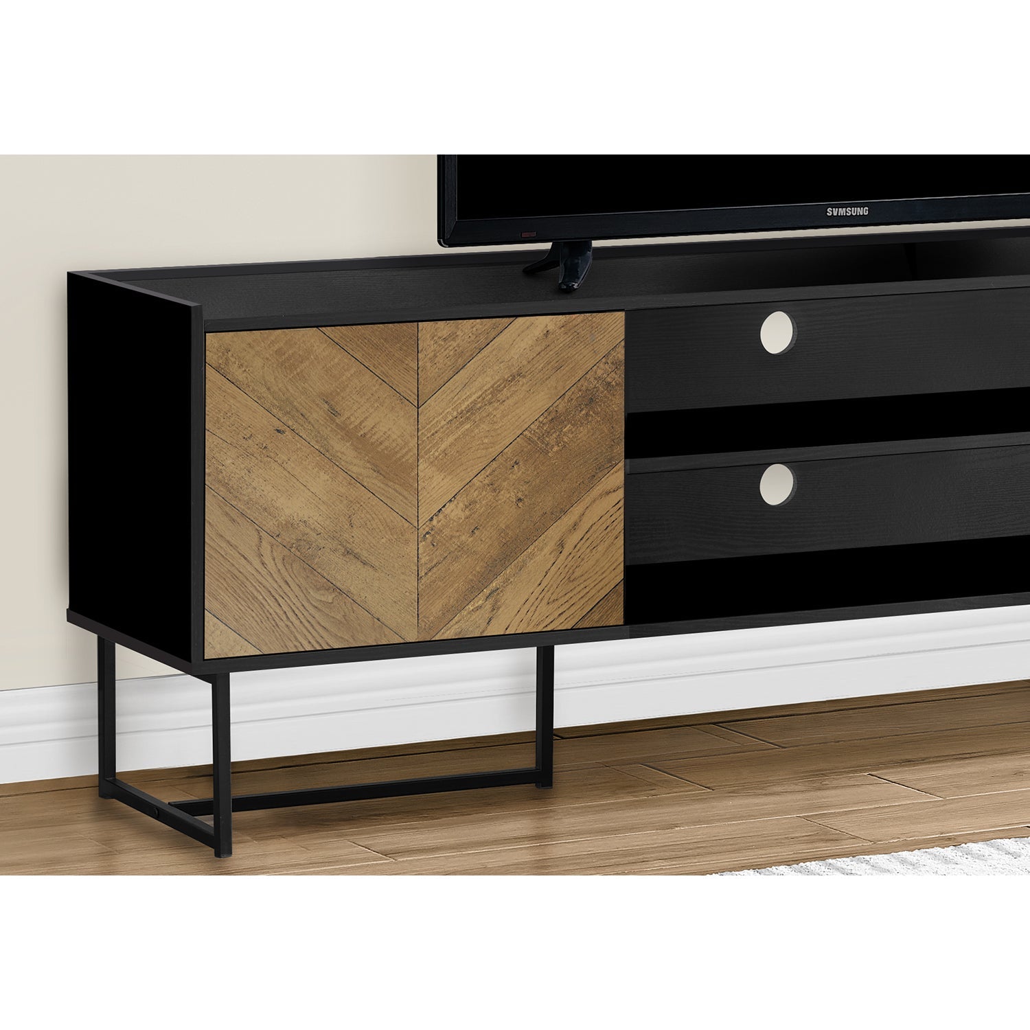 I 2752 - Meuble Tv, 72 Pouces, Console, Centre De Divertissement Média, Unite De Rangement, Salon, Chambre À Coucher, Brun Et Noir Laminé, Métal Noir, Contemporain, Moderne - Simple Boutique