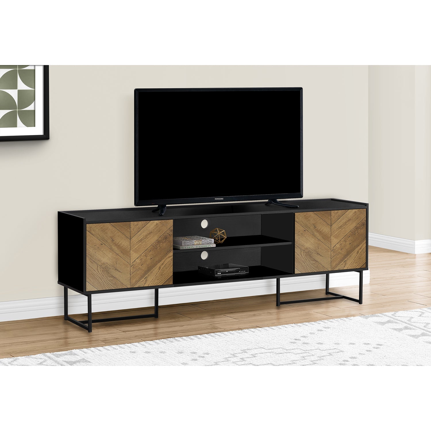 I 2752 - Meuble Tv, 72 Pouces, Console, Centre De Divertissement Média, Unite De Rangement, Salon, Chambre À Coucher, Brun Et Noir Laminé, Métal Noir, Contemporain, Moderne - Simple Boutique
