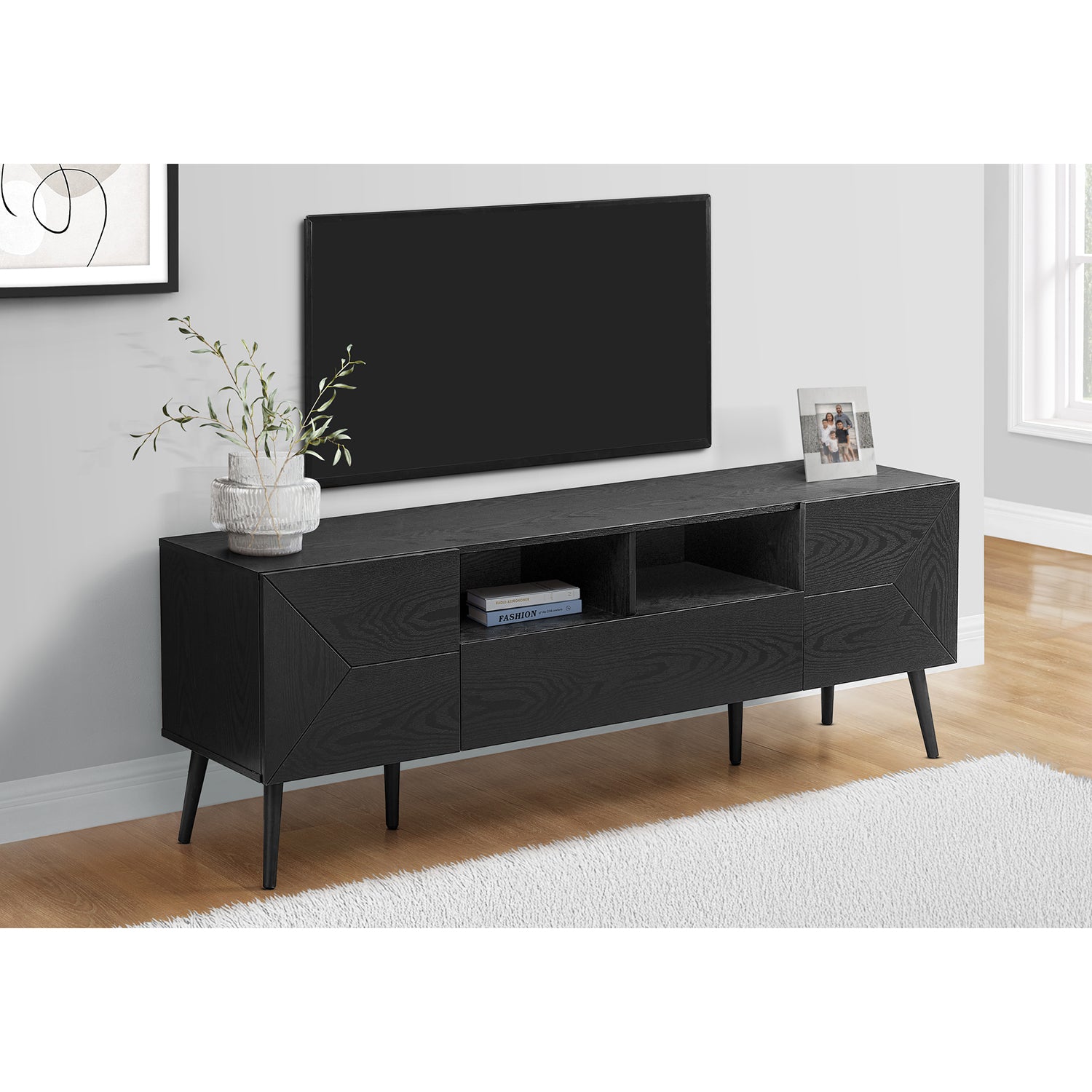 I 2754 - Meuble Tv, 72 Pouces, Console, Centre De Divertissement Média, Tiroir De Rangement, Stratifié Noir, Mid Century, Moderne - Simple Boutique