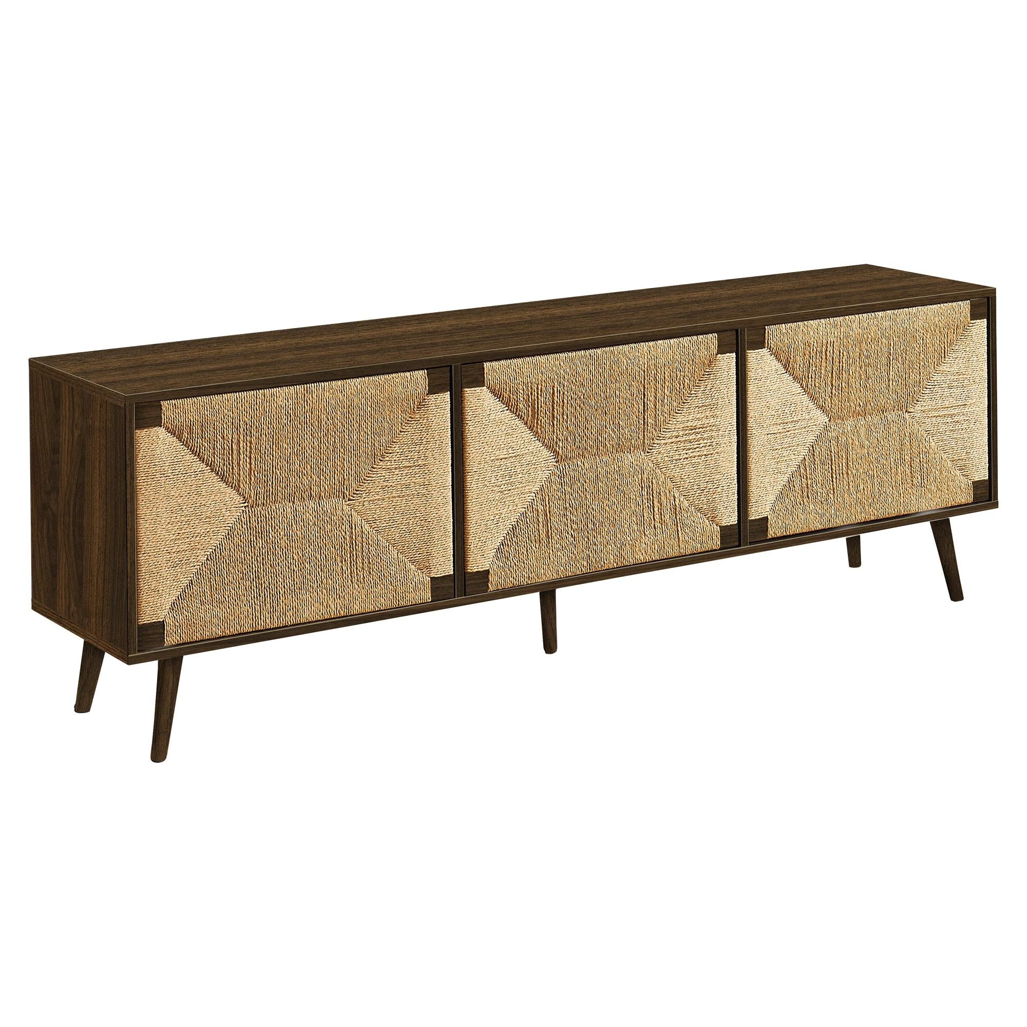 I 2764 - Meuble Tv, 72 Pouces, Centre De Divertissement Média, Armoire De Rangement, Console, Stratifié Brun, Aspect Jonc De Mer, Mid Century, Moderne - Simple Boutique