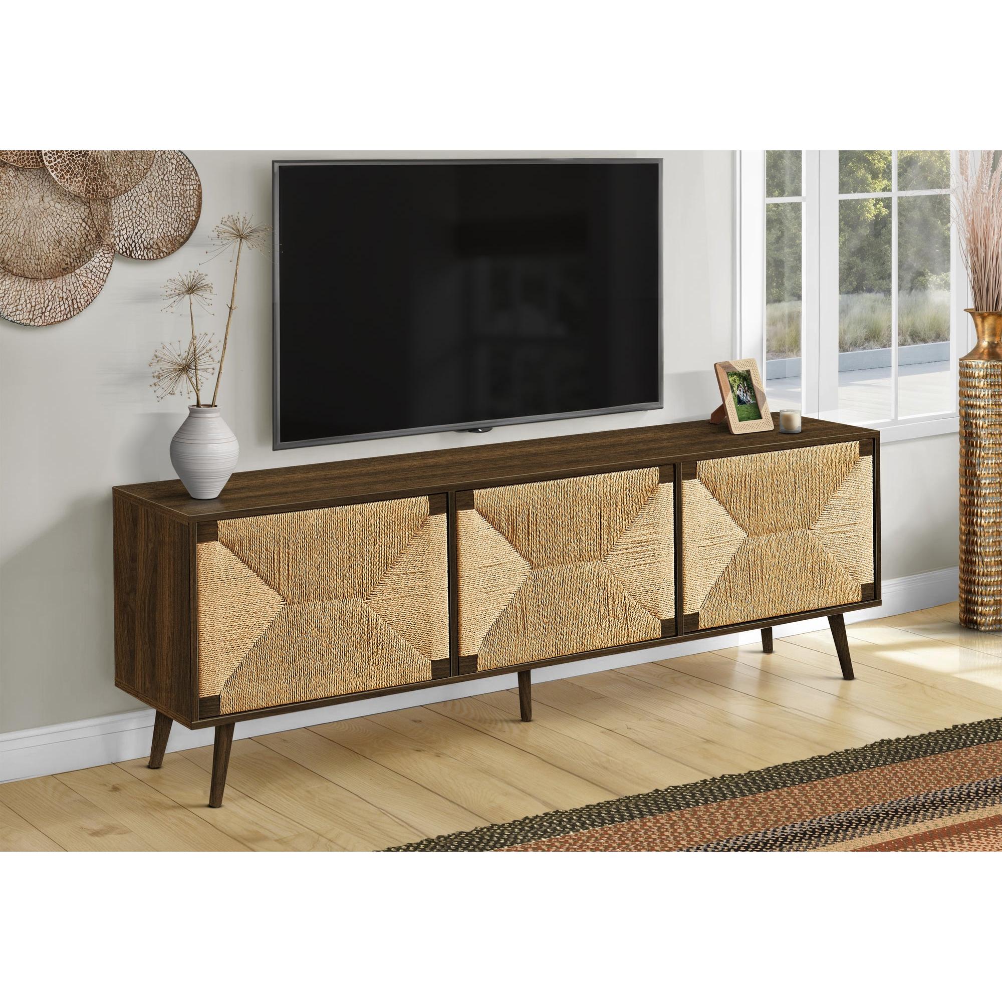I 2764 - Meuble Tv, 72 Pouces, Centre De Divertissement Média, Armoire De Rangement, Console, Stratifié Brun, Aspect Jonc De Mer, Mid Century, Moderne - Simple Boutique