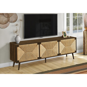 I 2764 - Meuble Tv, 72 Pouces, Centre De Divertissement Média, Armoire De Rangement, Console, Stratifié Brun, Aspect Jonc De Mer, Mid Century, Moderne - Simple Boutique