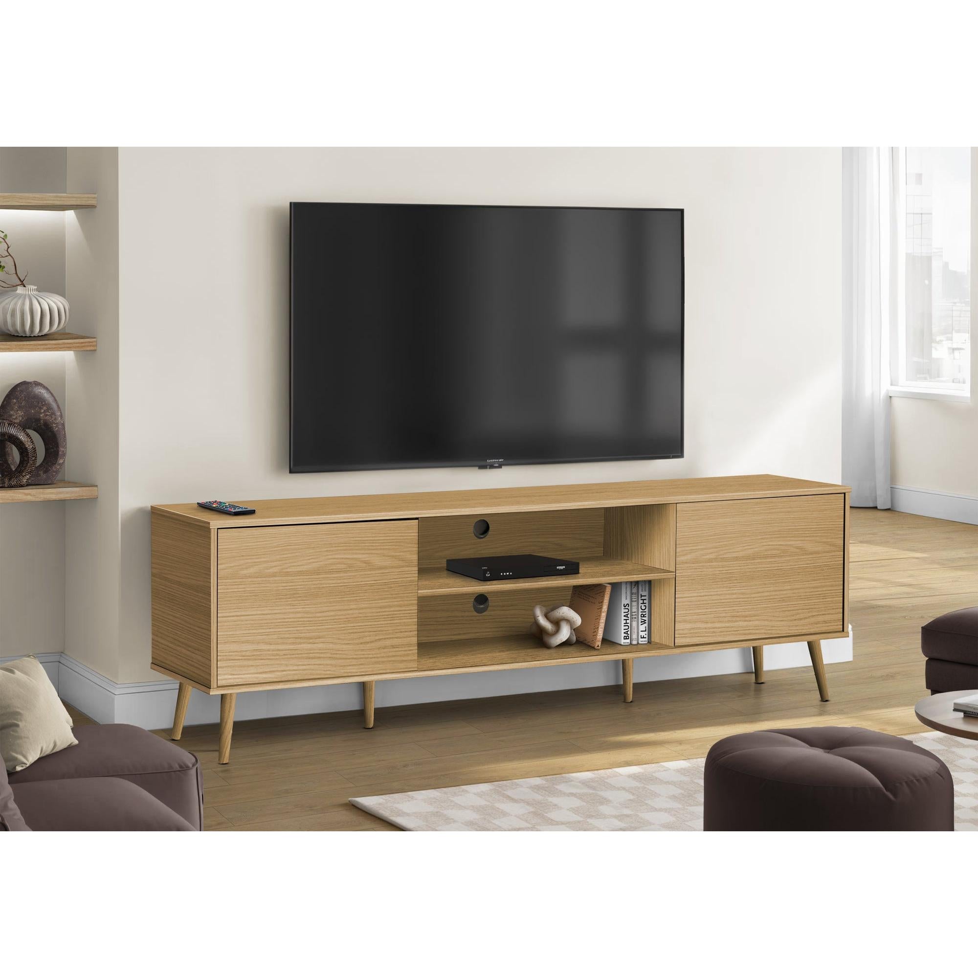 I 2777 - Meuble Tv, 72 Pouces, Console, Centre De Divertissement Média, Armoire De Rangement, Salon, Chambre À Coucher, Stratifié Naturel, Pieds En Bois, Contemporain - Simple Boutique