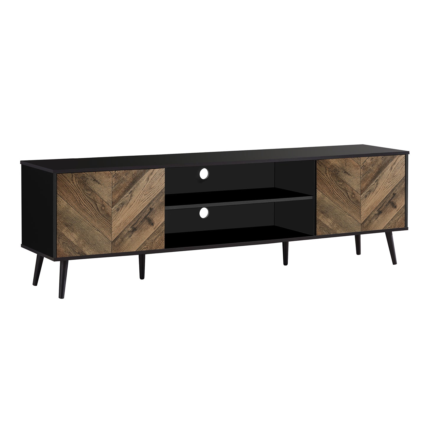I 2781 - Meuble Tv, 72 Pouces, Console, Centre De Divertissement Média, Unite De Rangement, Salon, Chambre À Coucher, Brun Et Noir Laminé, Jambes En Bois Noir, Contemporain, Moderne - Simple Boutique