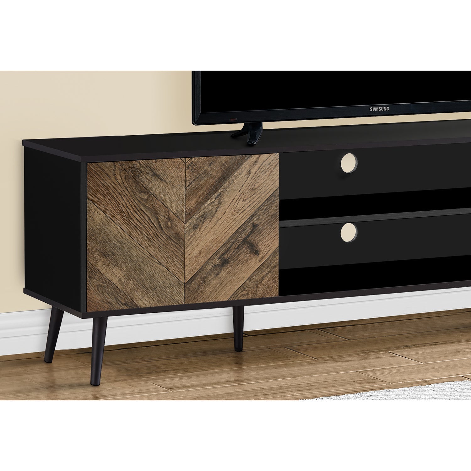 I 2781 - Meuble Tv, 72 Pouces, Console, Centre De Divertissement Média, Unite De Rangement, Salon, Chambre À Coucher, Brun Et Noir Laminé, Jambes En Bois Noir, Contemporain, Moderne - Simple Boutique