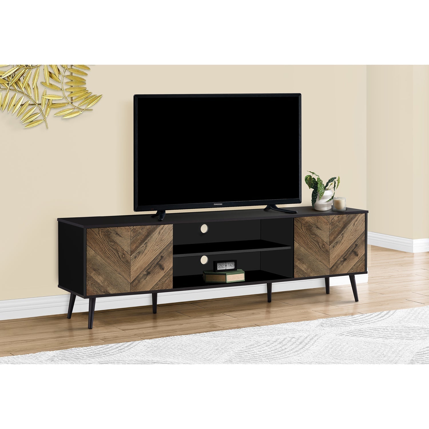 I 2781 - Meuble Tv, 72 Pouces, Console, Centre De Divertissement Média, Unite De Rangement, Salon, Chambre À Coucher, Brun Et Noir Laminé, Jambes En Bois Noir, Contemporain, Moderne - Simple Boutique