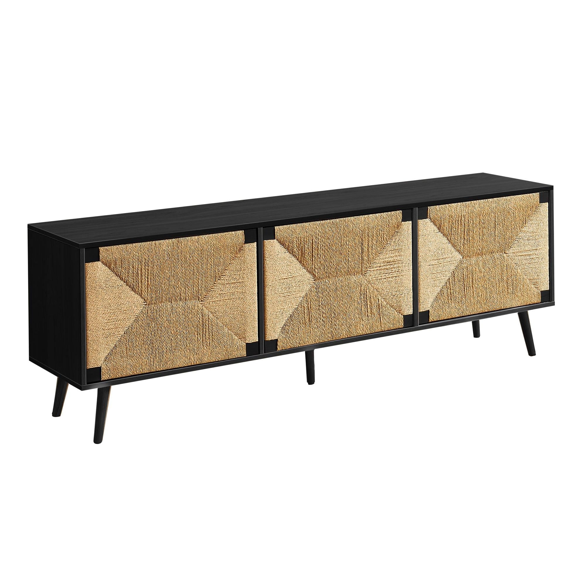 I 2782 - Meuble Tv, 72 Pouces, Centre De Divertissement Média, Armoire De Rangement, Console, Stratifié Noir, Aspect Jonc De Mer, Mid Century, Moderne - Simple Boutique