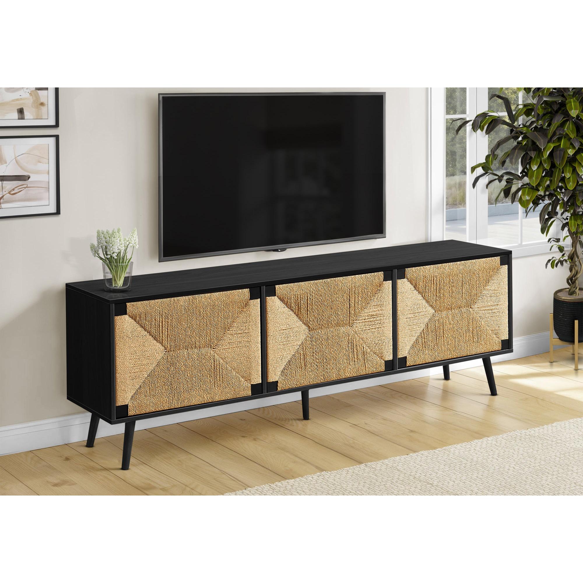 I 2782 - Meuble Tv, 72 Pouces, Centre De Divertissement Média, Armoire De Rangement, Console, Stratifié Noir, Aspect Jonc De Mer, Mid Century, Moderne - Simple Boutique