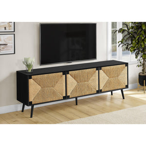 I 2782 - Meuble Tv, 72 Pouces, Centre De Divertissement Média, Armoire De Rangement, Console, Stratifié Noir, Aspect Jonc De Mer, Mid Century, Moderne - Simple Boutique