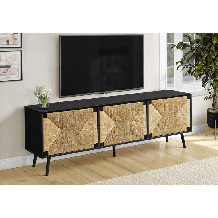 I 2782 - Meuble Tv, 72 Pouces, Centre De Divertissement Média, Armoire De Rangement, Console, Stratifié Noir, Aspect Jonc De Mer, Mid Century, Moderne - Simple Boutique