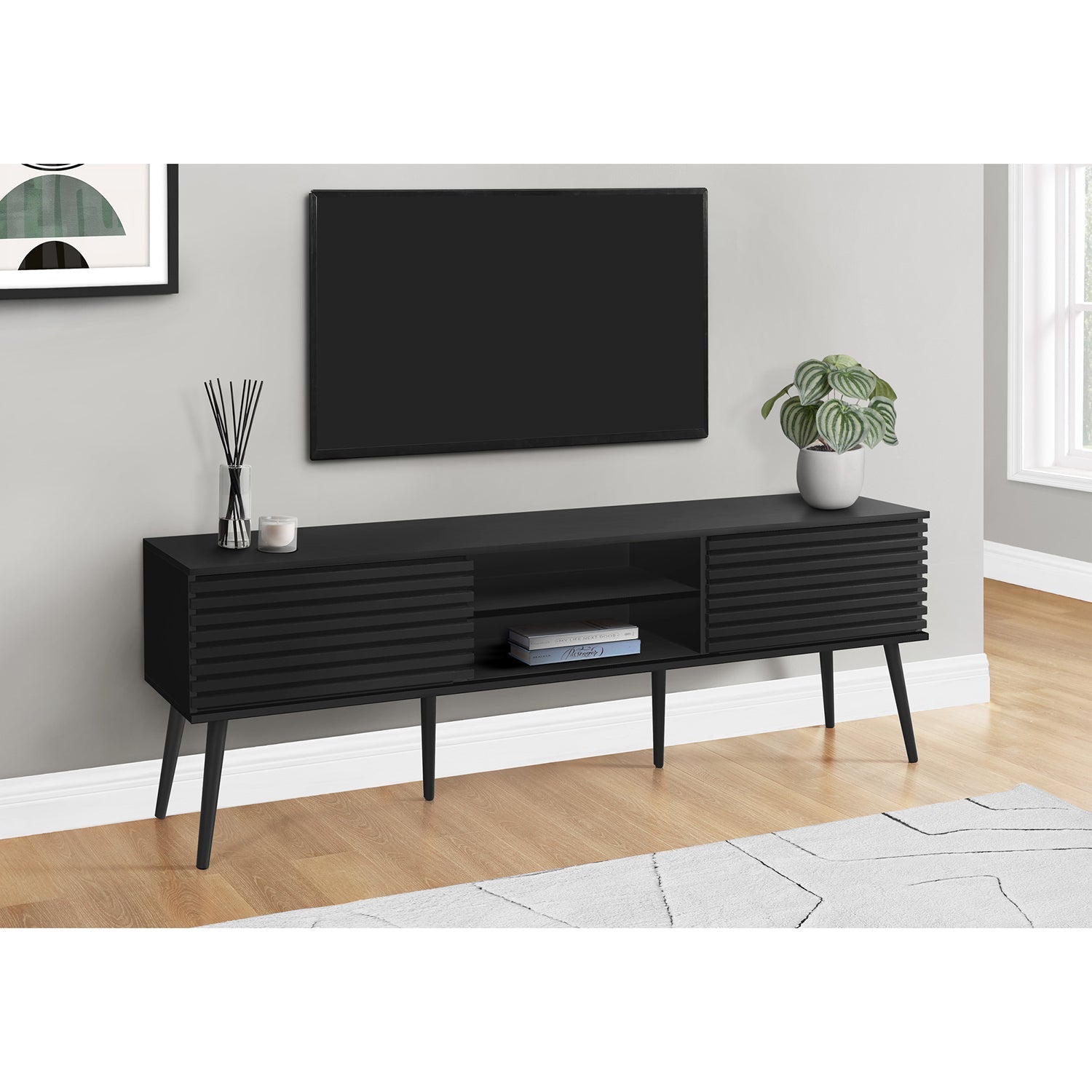 I 2783 - Meuble Tv, 72 Pouces, Centre De Divertissement Média, Armoire De Rangement, Console, Étagères De Rangement, Chambre À Coucher, Salon, Stratifié Noir, Contemporain - Simple Boutique