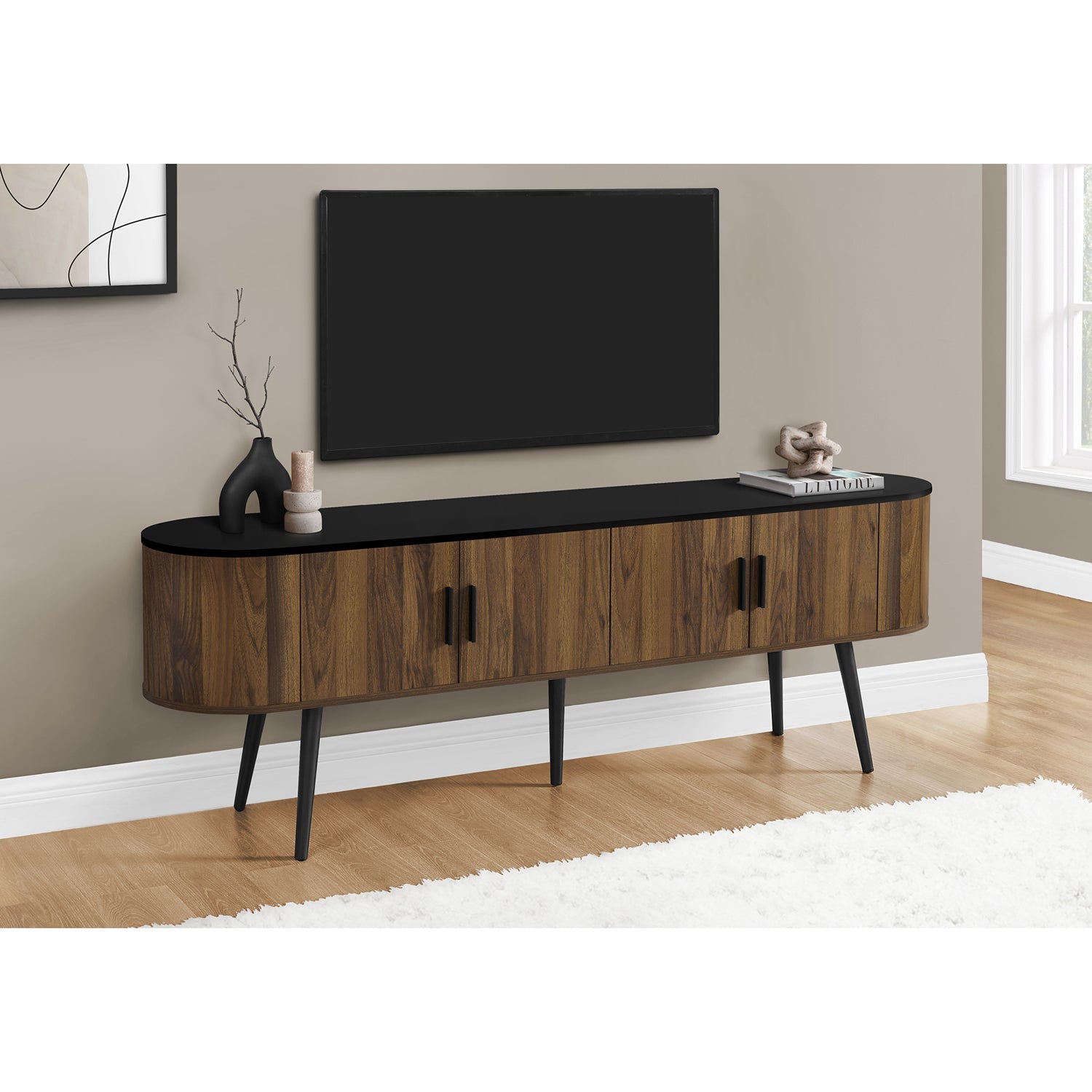 I 2784 - Meuble Tv, 72 Pouces, Centre De Divertissement Média, Armoire De Rangement, Console, Étagères De Rangement, Chambre À Coucher, Salon, Stratifié Noyer, Contemporain, Moderne - Simple Boutique