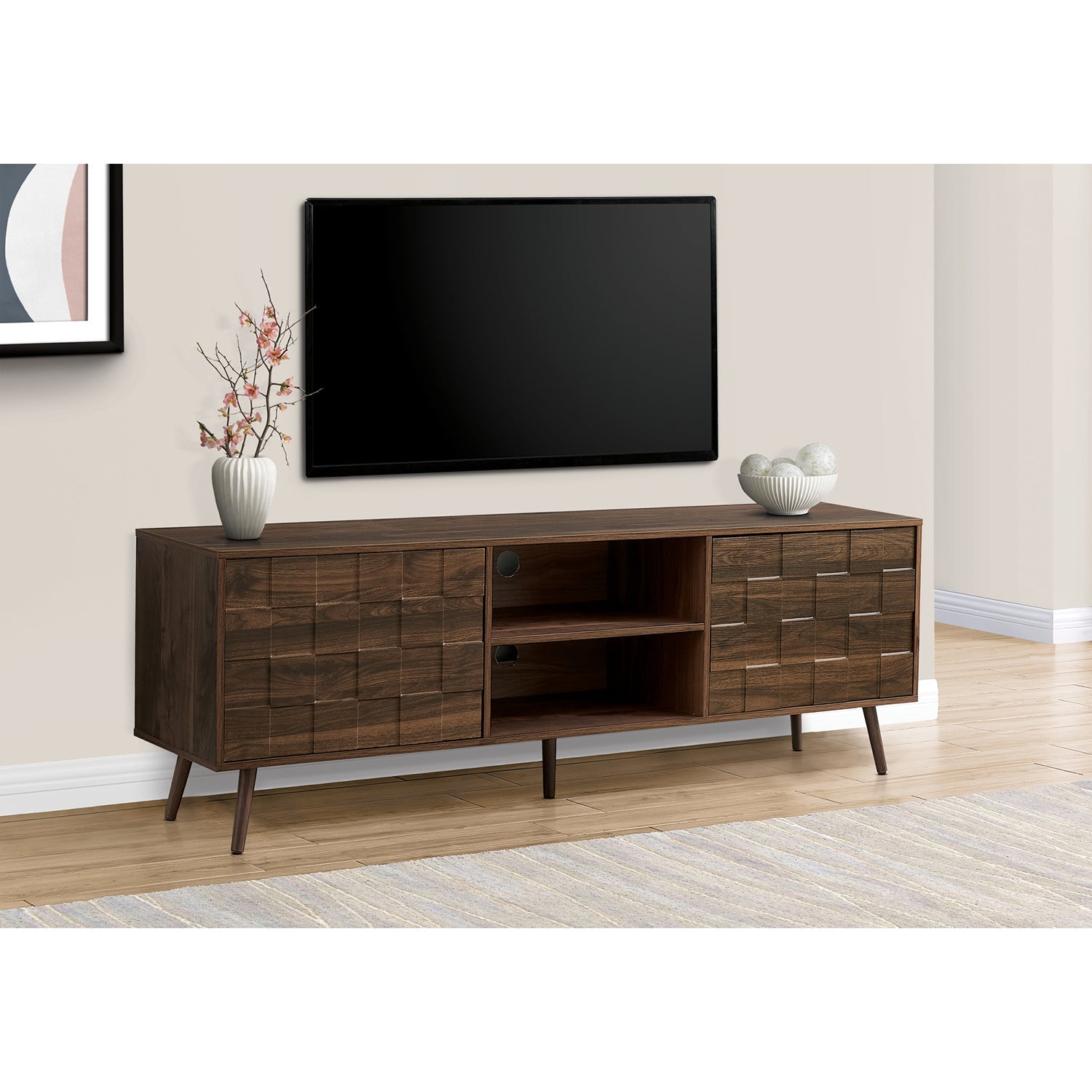 I 2787 - Meuble Tv, 72 Pouces, Console, Centre De Divertissement Média, Armoire De Rangement, Chambre À Coucher, Salon, Stratifié Noyer, Mid Century - Simple Boutique