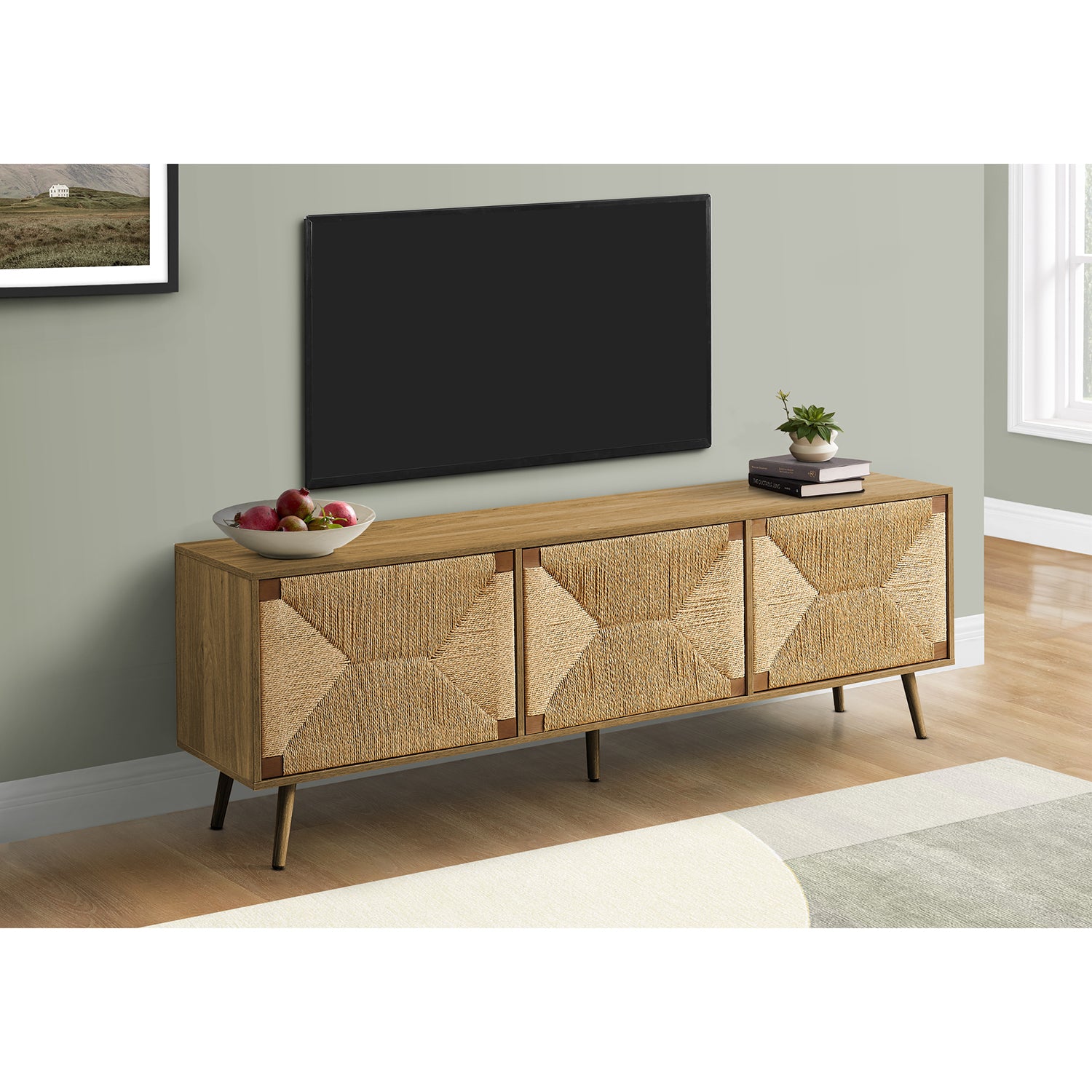 I 2793 - Meuble Tv, 72 Pouces, Centre De Divertissement Média, Armoire De Rangement, Console, Stratifié Noyer, Herbes Marines Naturelles, Mid Century, Moderne - Simple Boutique