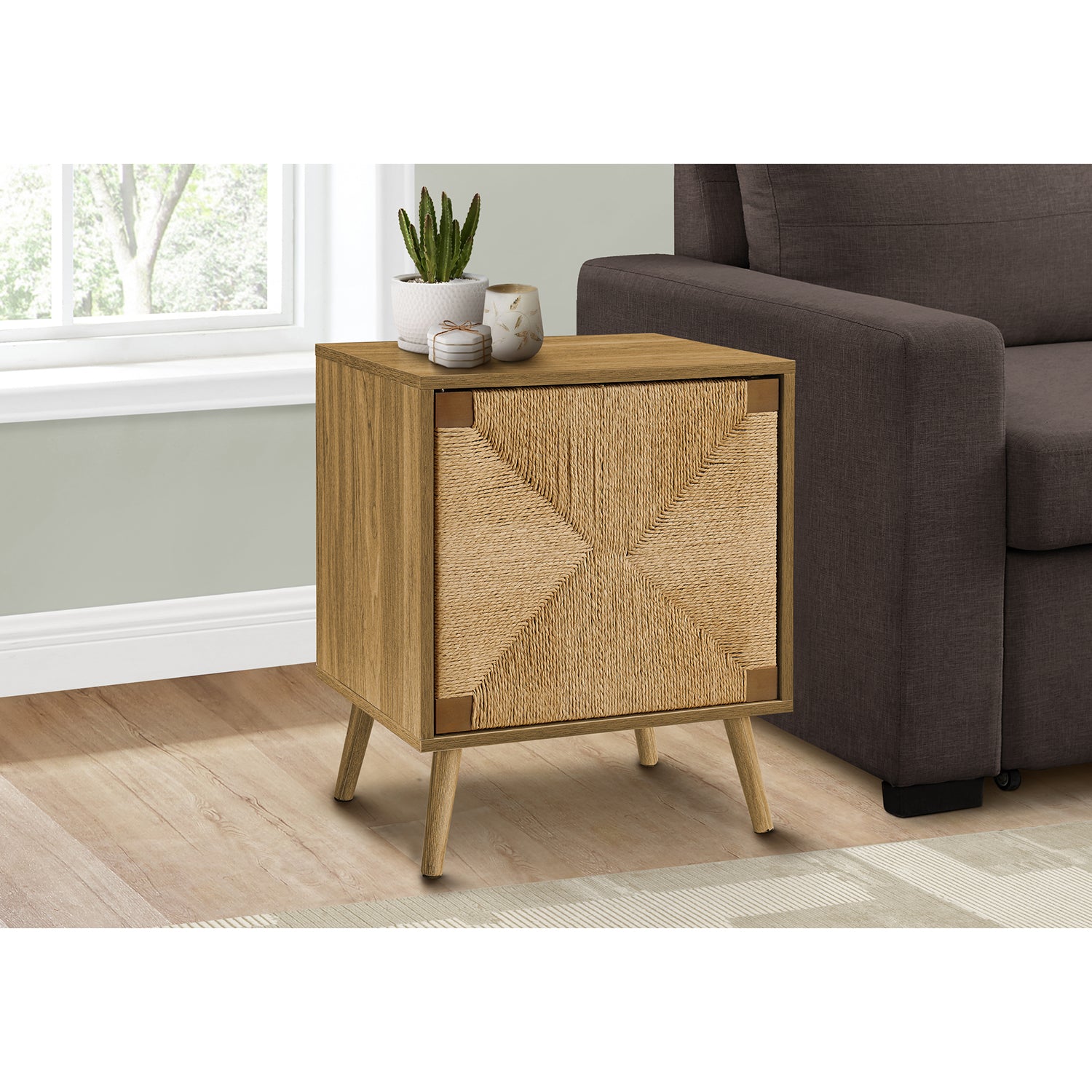 I 2794 - Table D'appoint, Bout, Rangement, Petit, Coté, Salon, Lampe, Placage De Noyer Clair, Herbiers Marins, Moderne - Simple Boutique
