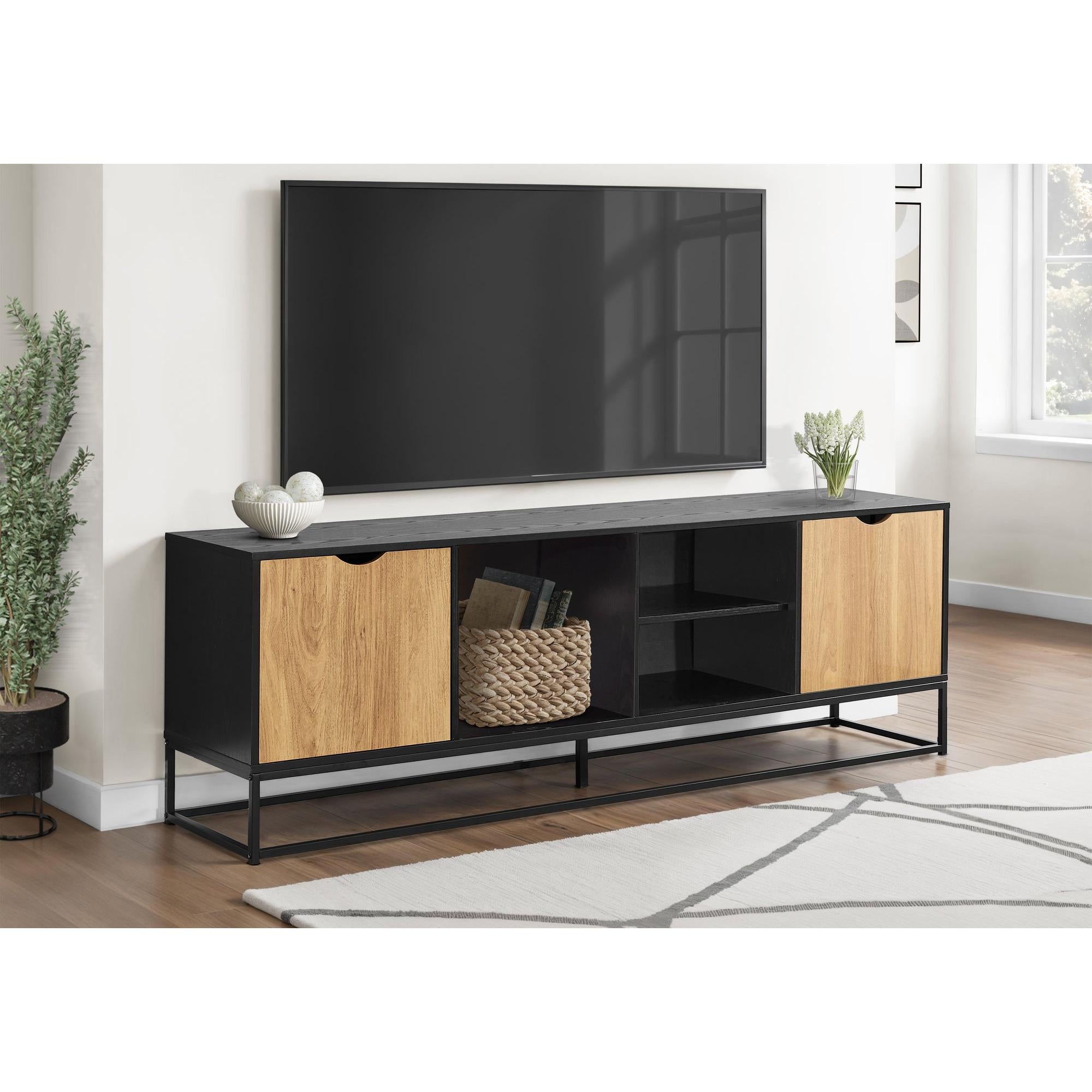 I 2825 - Meuble Tv, 72 Pouces, Console, Centre De Divertissement Média, Armoire De Rangement, Salon, Stratifié Noir, Métal Noir, Moderne, Contemporain - Simple Boutique