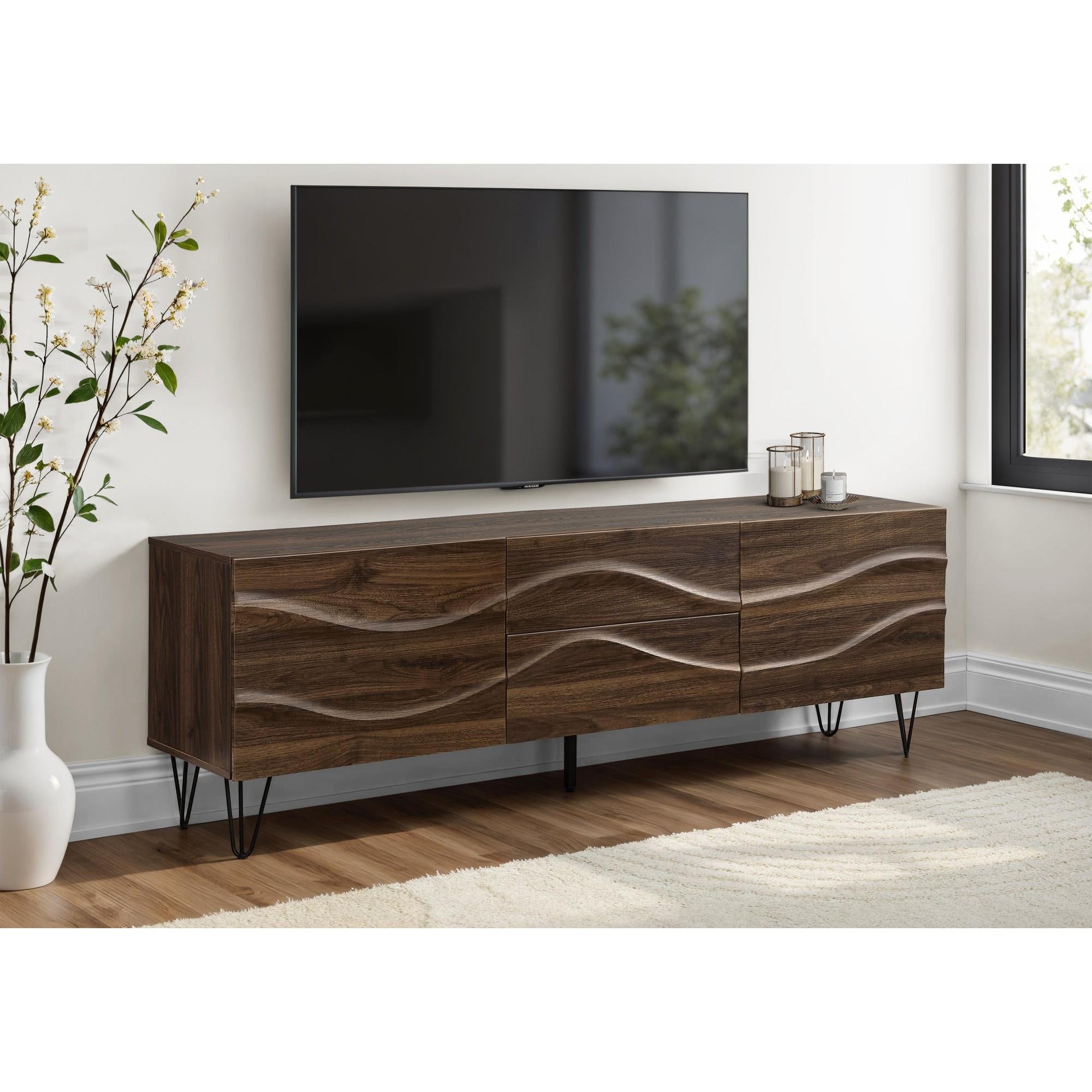 I 2828 - Meuble Tv, 72 Pouces, Console, Centre De Divertissement Média, Armoire De Rangement, Tiroirs De Rangement, Chambre À Coucher, Salon, Stratifié Brun, Mid Century, Moderne - Simple Boutique