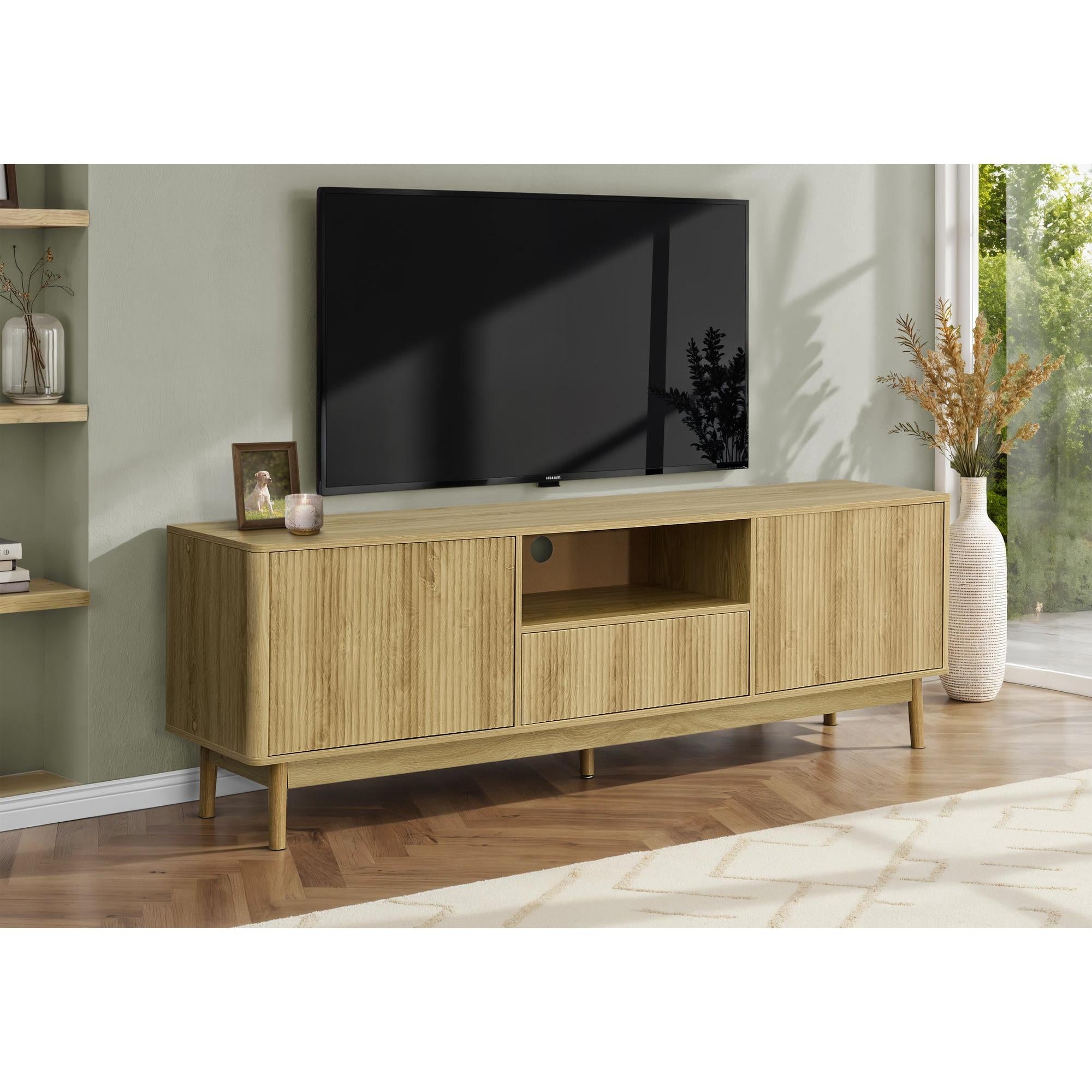 I 2834 - Meuble Tv, 72 Pouces, Console, Armoire De Rangement, Tiroir De Rangement, Centre De Divertissement Média, Salon, Chambre À Coucher, Stratifié Noyer Clair, Mid Century - Simple Boutique