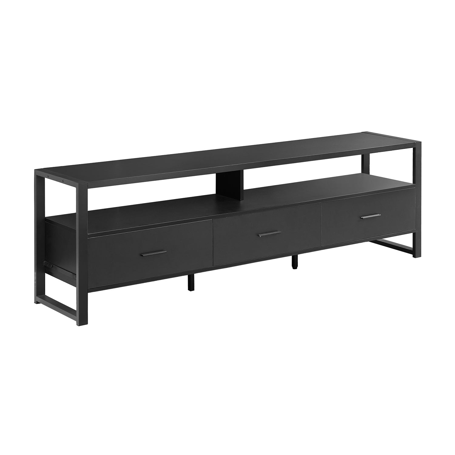 I 2845 - Meuble Tv, 72 Pouces, Centre De Divertissement Média, Tiroirs De Rangement, Stratifié Noir, Métal Noir, Contemporain, Moderne - Simple Boutique