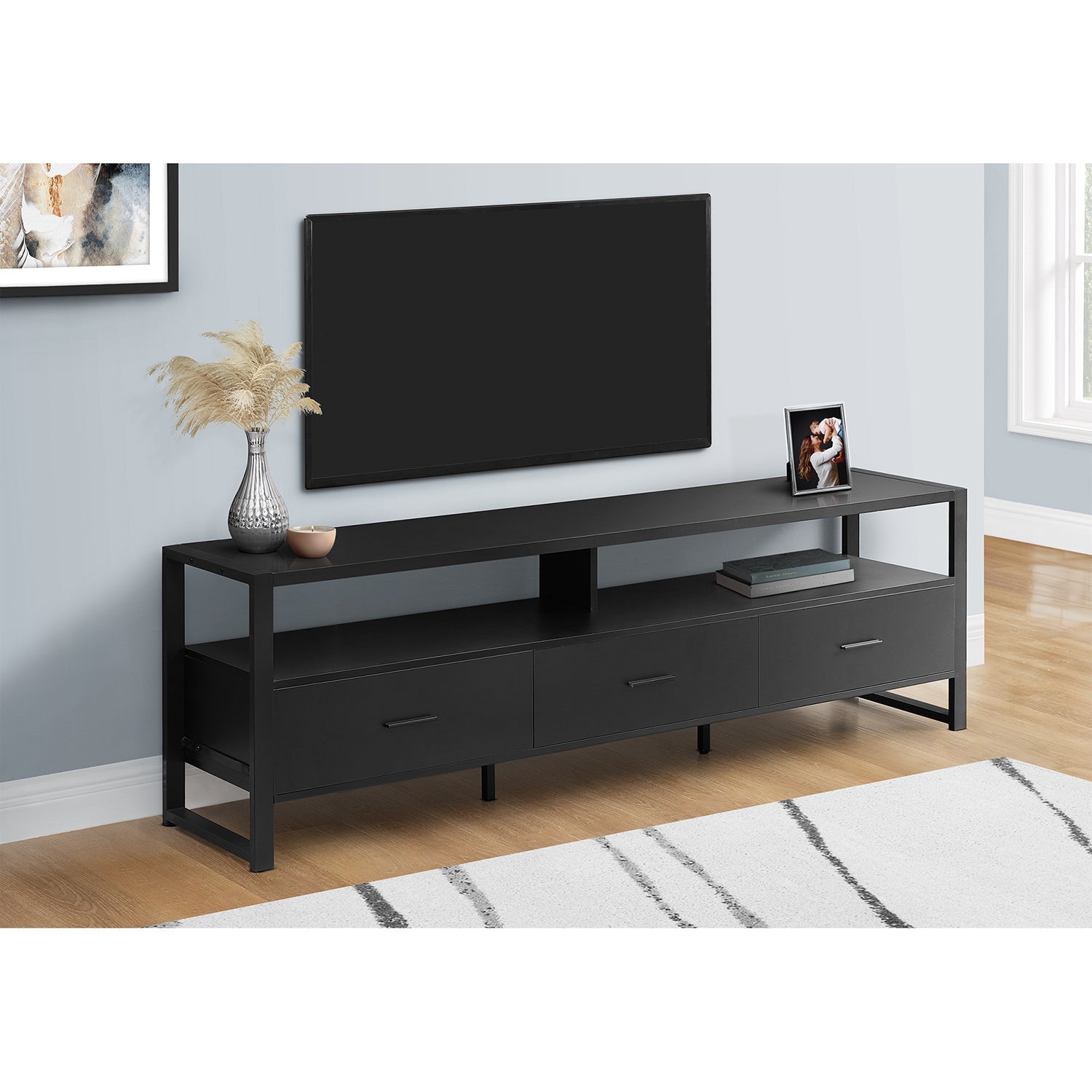 I 2845 - Meuble Tv, 72 Pouces, Centre De Divertissement Média, Tiroirs De Rangement, Stratifié Noir, Métal Noir, Contemporain, Moderne - Simple Boutique