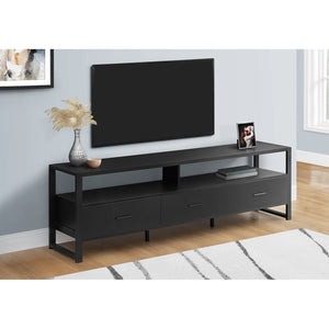 I 2845 - Meuble Tv, 72 Pouces, Centre De Divertissement Média, Tiroirs De Rangement, Stratifié Noir, Métal Noir, Contemporain, Moderne - Simple Boutique