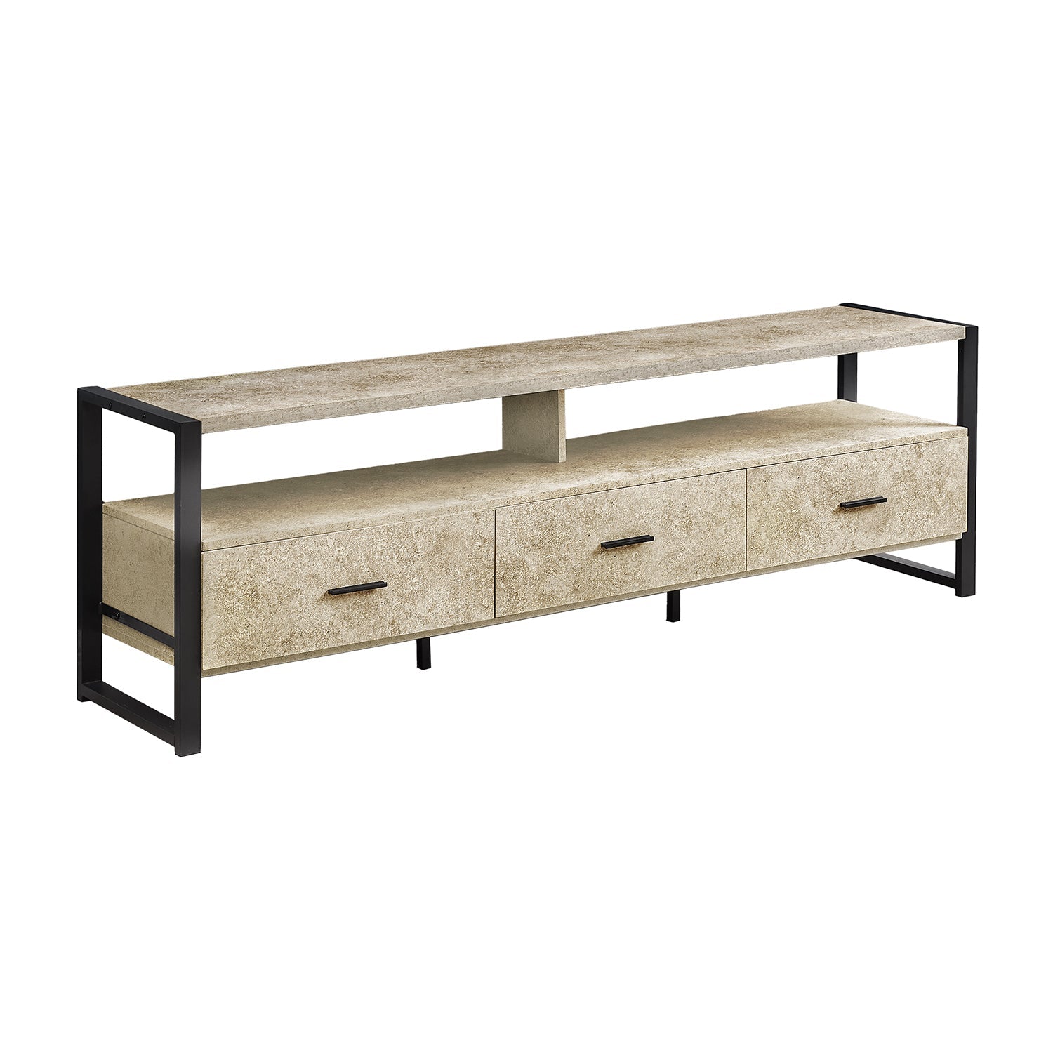 I 2846 - Meuble Tv, 72 Pouces, Centre De Divertissement Média, Tiroirs De Rangement, Revêtement Stratifié En Pierre Crème, Métal Noir, Contemporain, Moderne - Simple Boutique