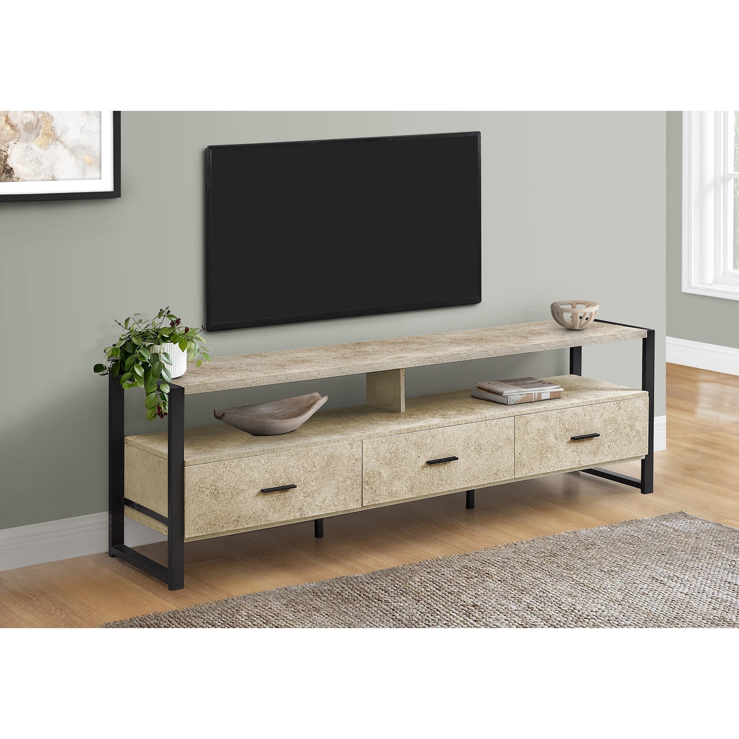 I 2846 - Meuble Tv, 72 Pouces, Centre De Divertissement Média, Tiroirs De Rangement, Revêtement Stratifié En Pierre Crème, Métal Noir, Contemporain, Moderne - Simple Boutique