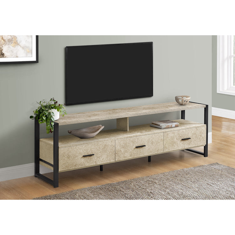 I 2846 - Meuble Tv, 72 Pouces, Centre De Divertissement Média, Tiroirs De Rangement, Revêtement Stratifié En Pierre Crème, Métal Noir, Contemporain, Moderne - Simple Boutique