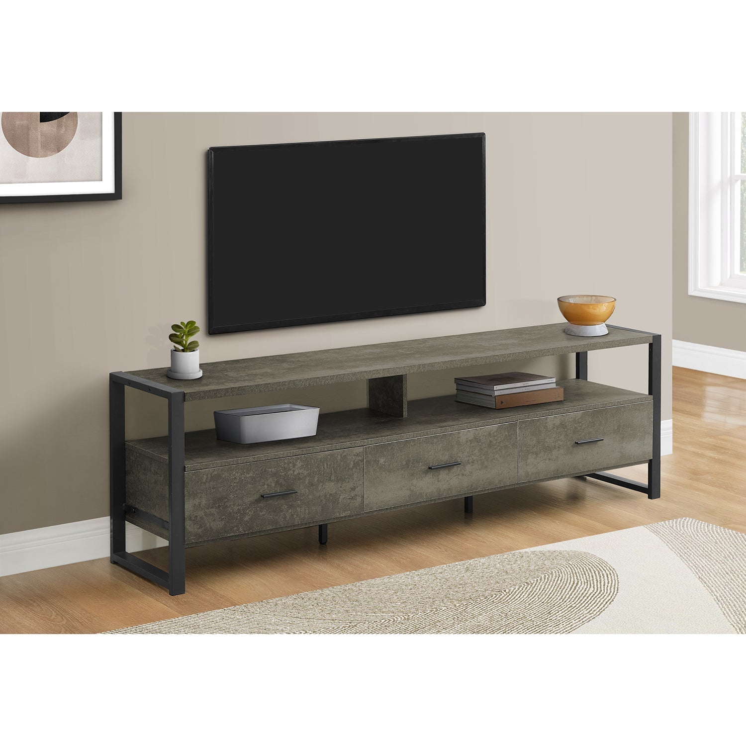 I 2847 - Meuble Tv, 72 Pouces, Centre De Divertissement Média, Tiroirs De Rangement, Stratifié En Bronze Foncé, Métal Noir, Contemporain, Moderne - Simple Boutique