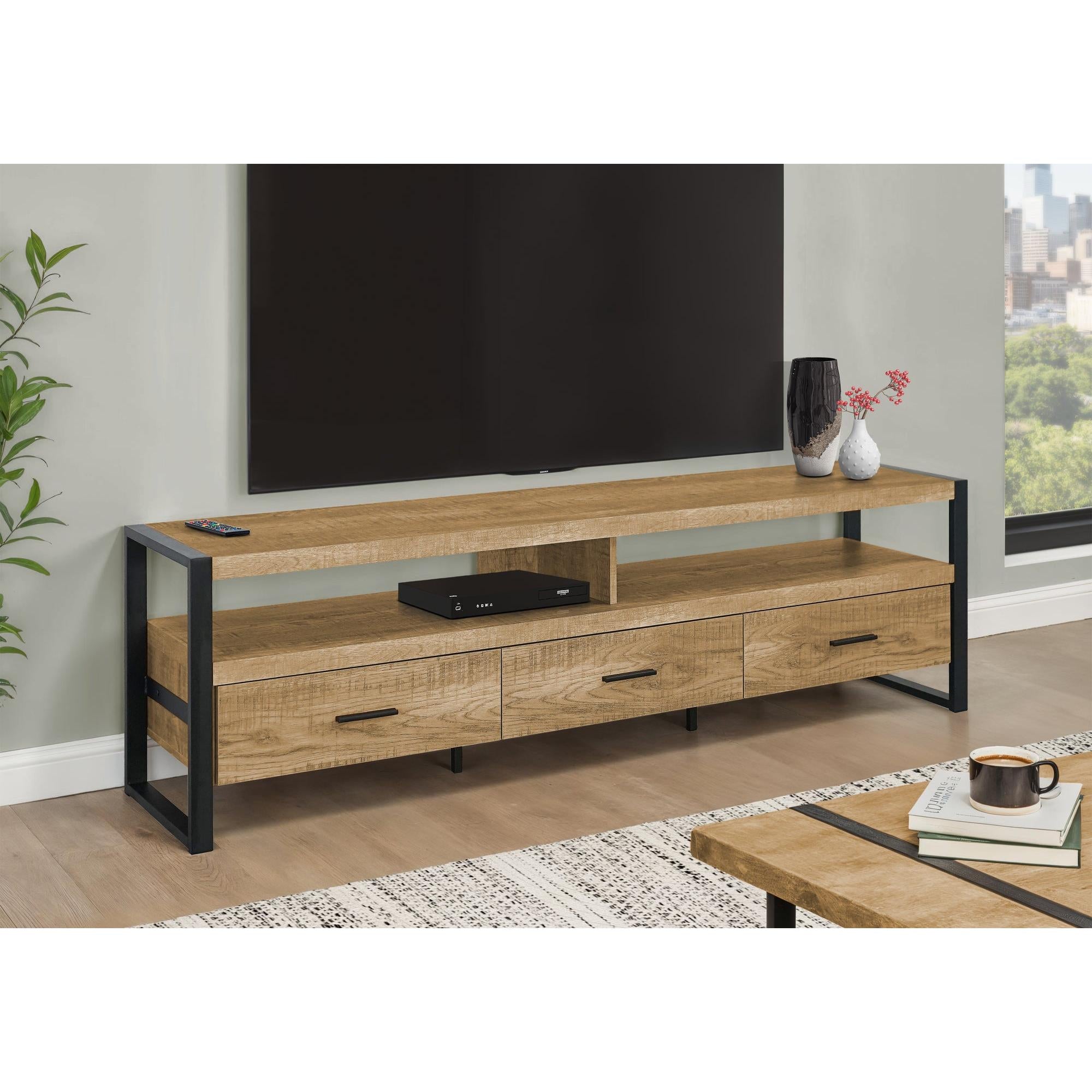 I 2880 - Meuble Tv, 72 Pouces, Console, Centre De Divertissement Média, Tiroirs De Rangement, Salon, Aspect Bois De Manguier, Métal Noir, Contemporain, Moderne - Simple Boutique