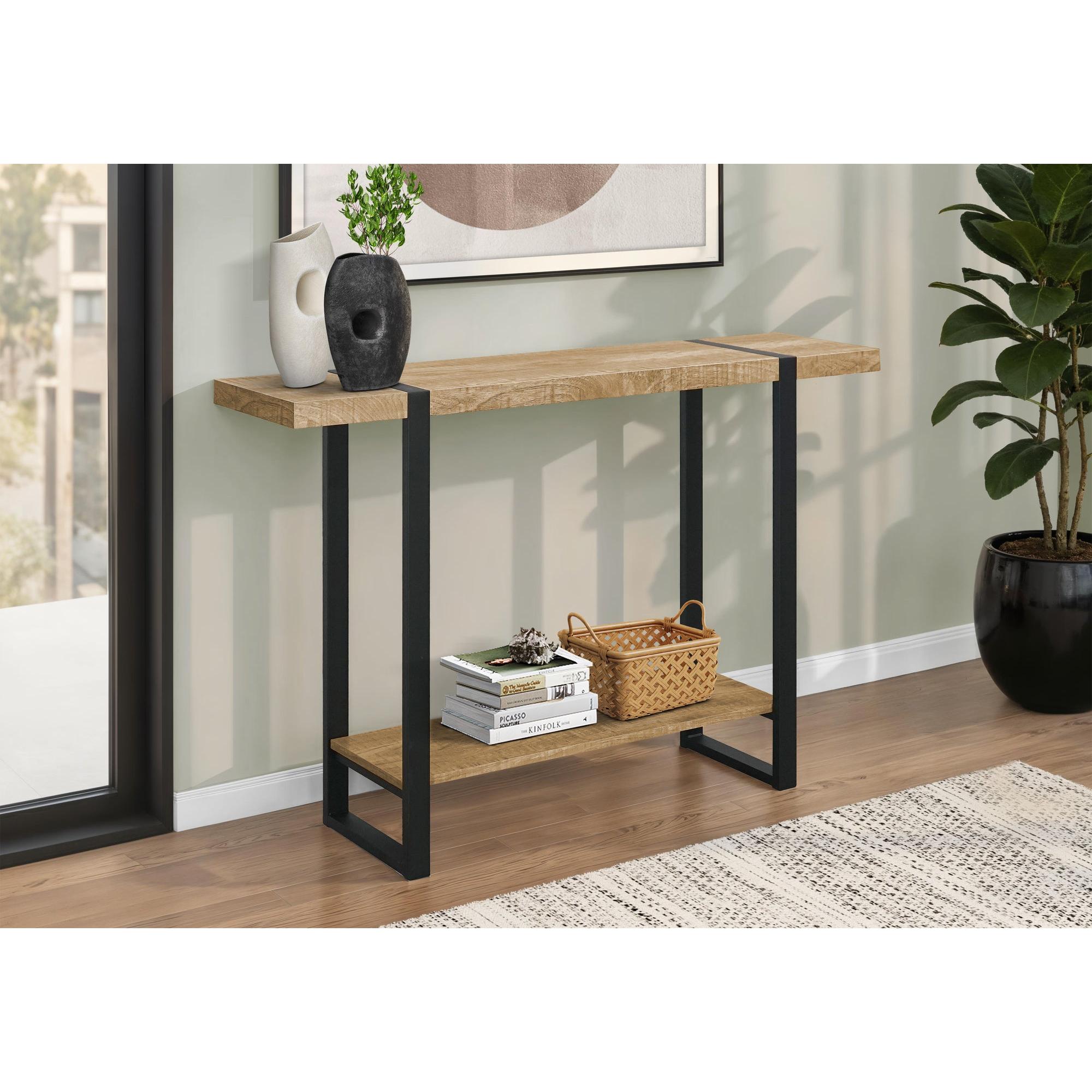 I 2881 - Table D'appoint, 48'' De Large, Console, 2 Niveaux, Étroit, Entrée, Canapé, Salon, Chambre À Coucher, Stratifié Effet Bois De Manguier, Métal Noir, Contemporain, Moderne - Simple Boutique