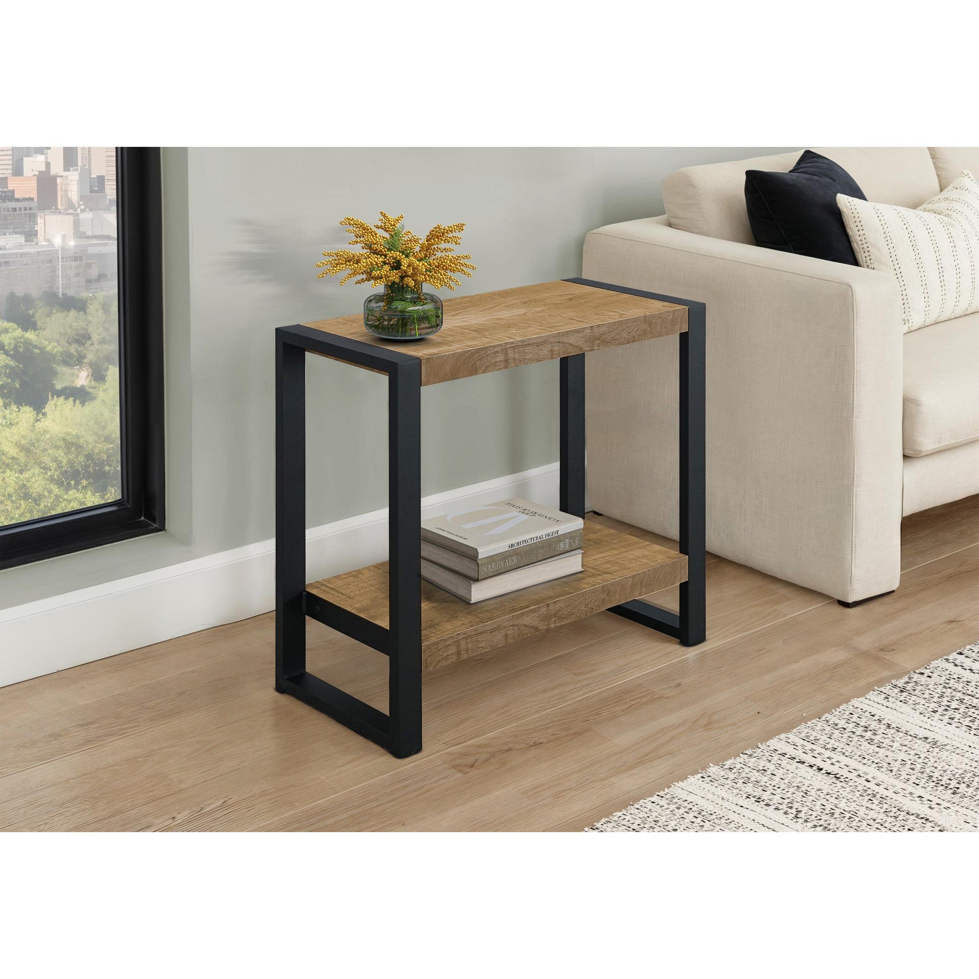 I 2882 - Table D'appoint, 24''H, Bout, Table D'appoint, Table De Nuit, Lampe, Salon, Chambre À Coucher, Stratifié Effet Bois De Manguier, Métal Noir, Contemporain, Moderne - Simple Boutique