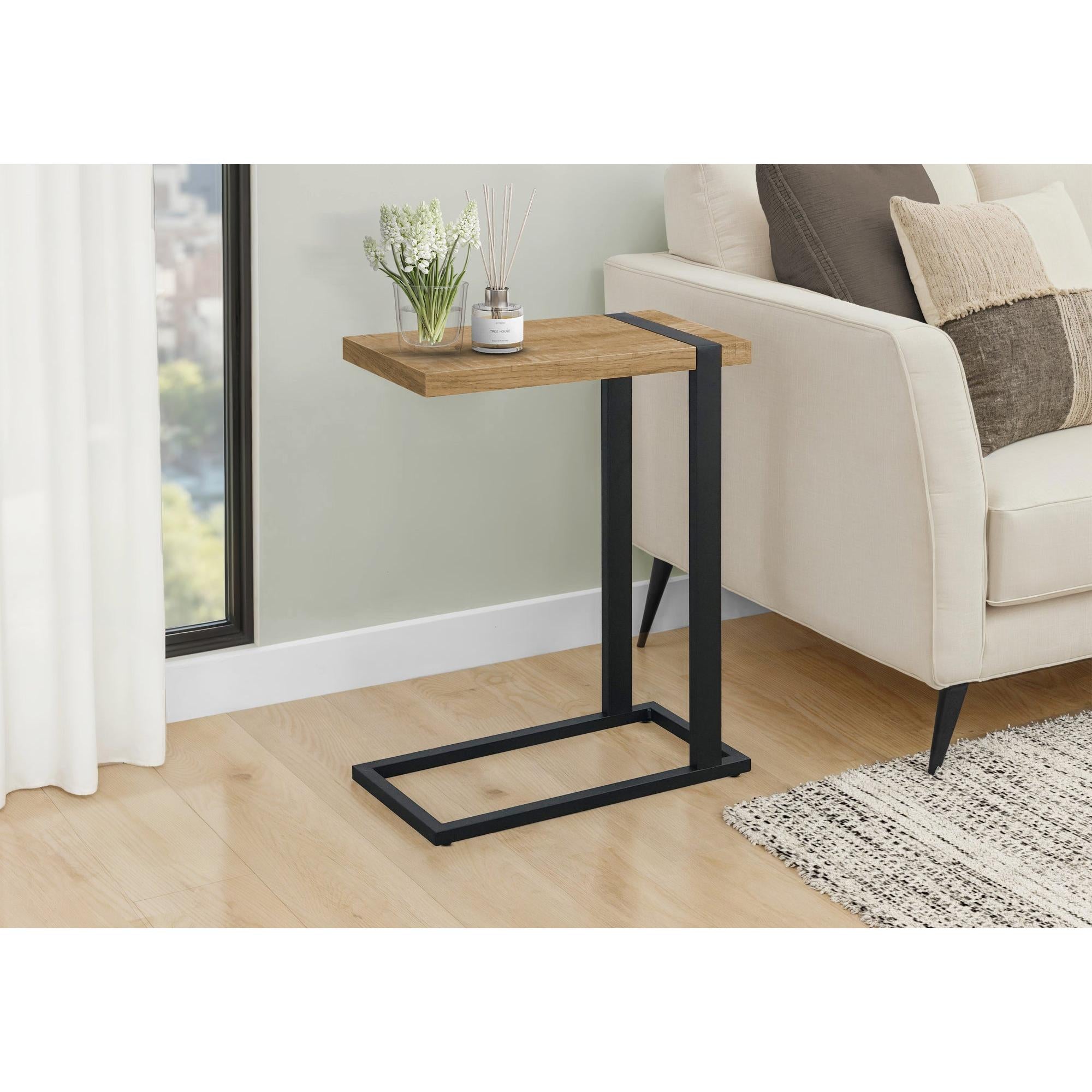 I 2883 - Table D'appoint, 25''H, En Forme De C, Bout, Coté, Collation, Salon, Chambre À Coucher, Stratifié Effet Bois De Manguier, Métal Noir, Contemporain, Moderne - Simple Boutique