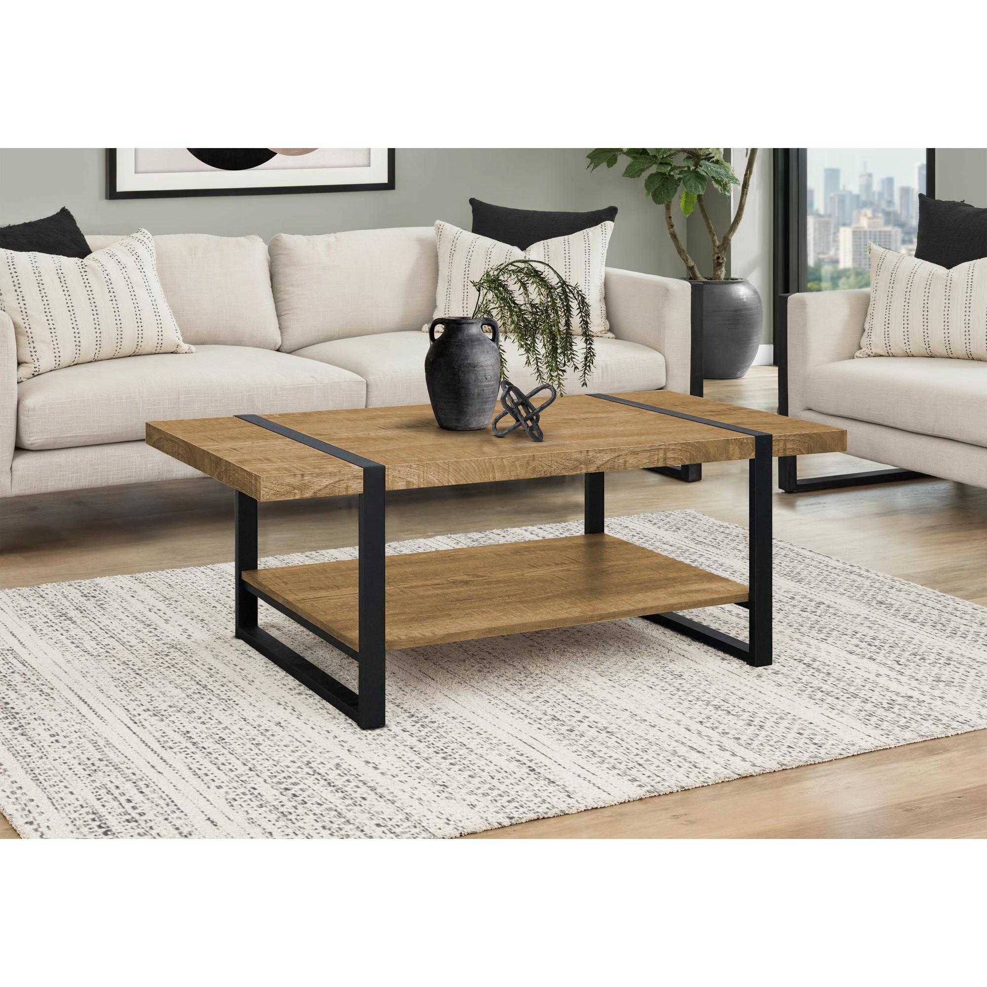 I 2884 - Table De Salon, 48''L, 2 Niveaux, Cocktail, Accent, Rectangulaire, Salon, Aspect Bois De Manguier, Métal Noir, Contemporain, Moderne - Simple Boutique